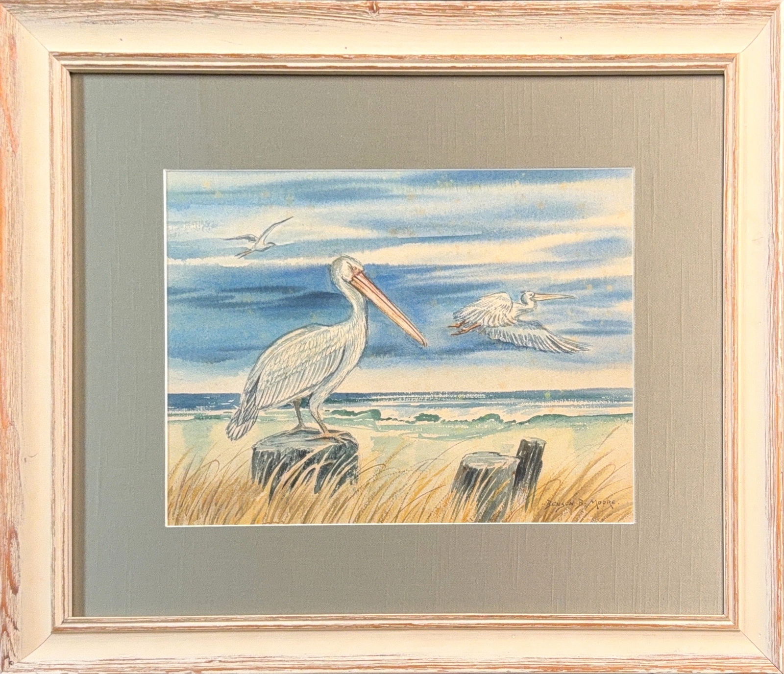 Benson Bond Moore, Watercolor on Artist Cardboard , American (1882 - 1974): KEYWORDS: Shorebirds, Pelican, Beach, Heron, Wooden Post, Soft, Cloudy, Tall Grass, Sand. Born: 1882 - Washington DC. Died: 1974 - Sarasota, Florida. Known for: Rural landscape and wildlife painting,