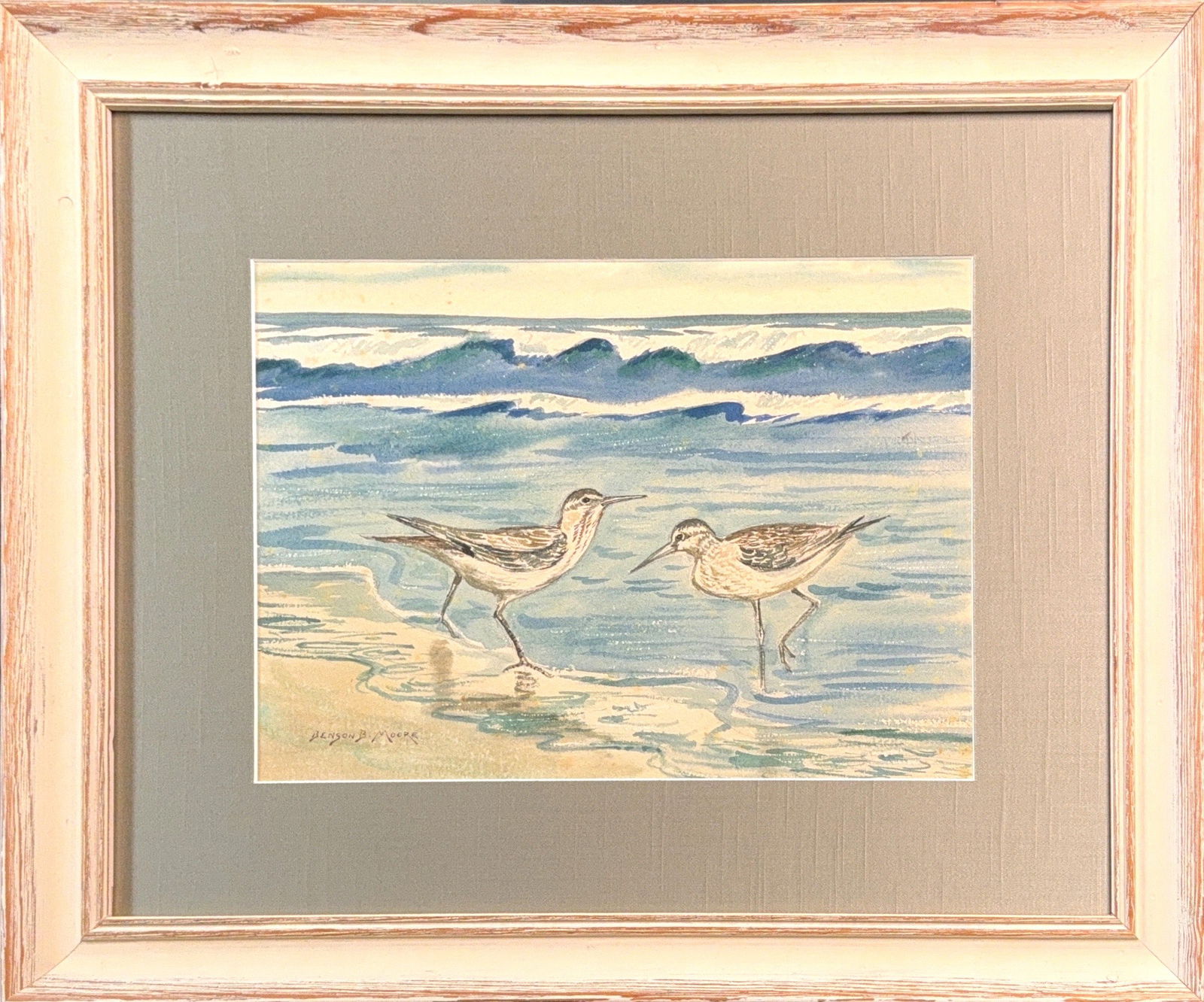 Benson Bond Moore, Watercolor on Artist Cardboard , American (1882 - 1974): KEYWORDS: Sandpipers, Shallow, Water, Beach, Waves, Wildlife, Landscape. Born: 1882 - Washington DC. Died: 1974 - Sarasota, Florida. Known for: Rural landscape and wildlife painting, illustration, etc