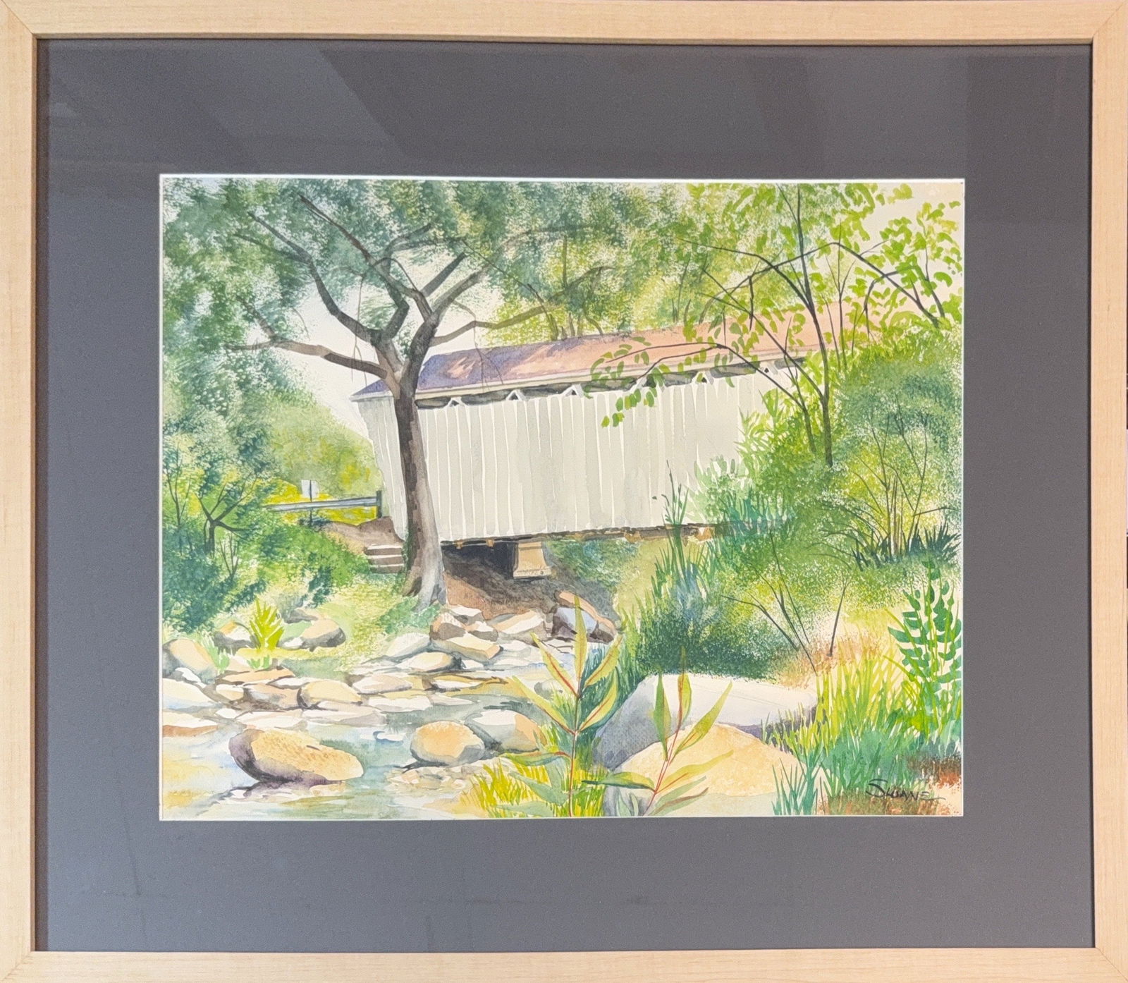 Eric Sloane, Watercolor on Paper, American (1905 - 1985): KEYWORDS: Wooden Bridge, Creek, Steam, Impressionistic, Lush Greenery, Tree, Rocky Bed, Stream, Grass, Naturalistic. Born: 1905 - New York City. Died: 1985 - New York City. Known for: Rural landscape