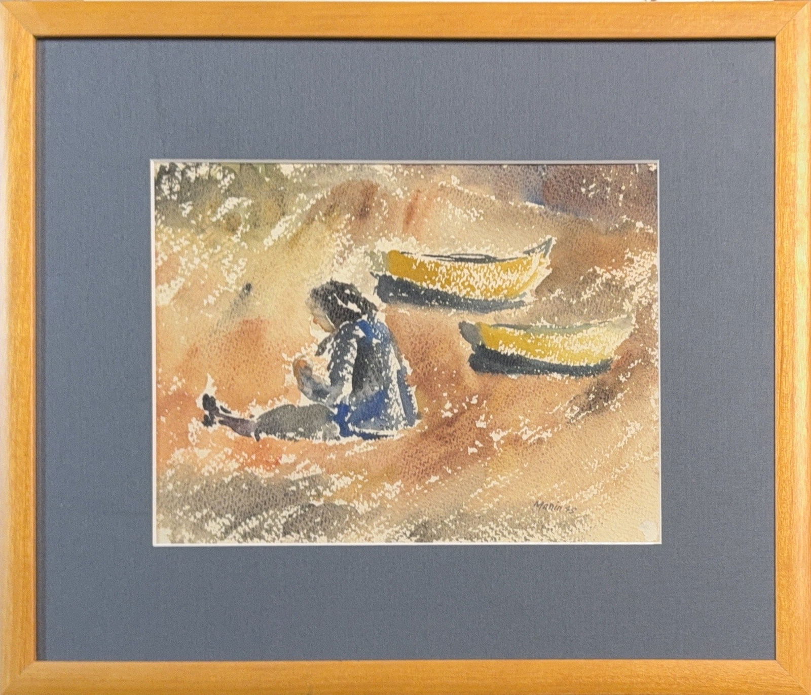 John Marin, Watercolor on Cardboard, American (1870 - 1953): KEYWORDS: Solitary, Figure, Sitting, Beach/Riverbank, Boats, Sandy, Shore. Born: 1870 - Rutherford, New Jersey. Died: 1953 - Cape Split, Maine. Known for: Painting-modernist landscape-coastal, etching