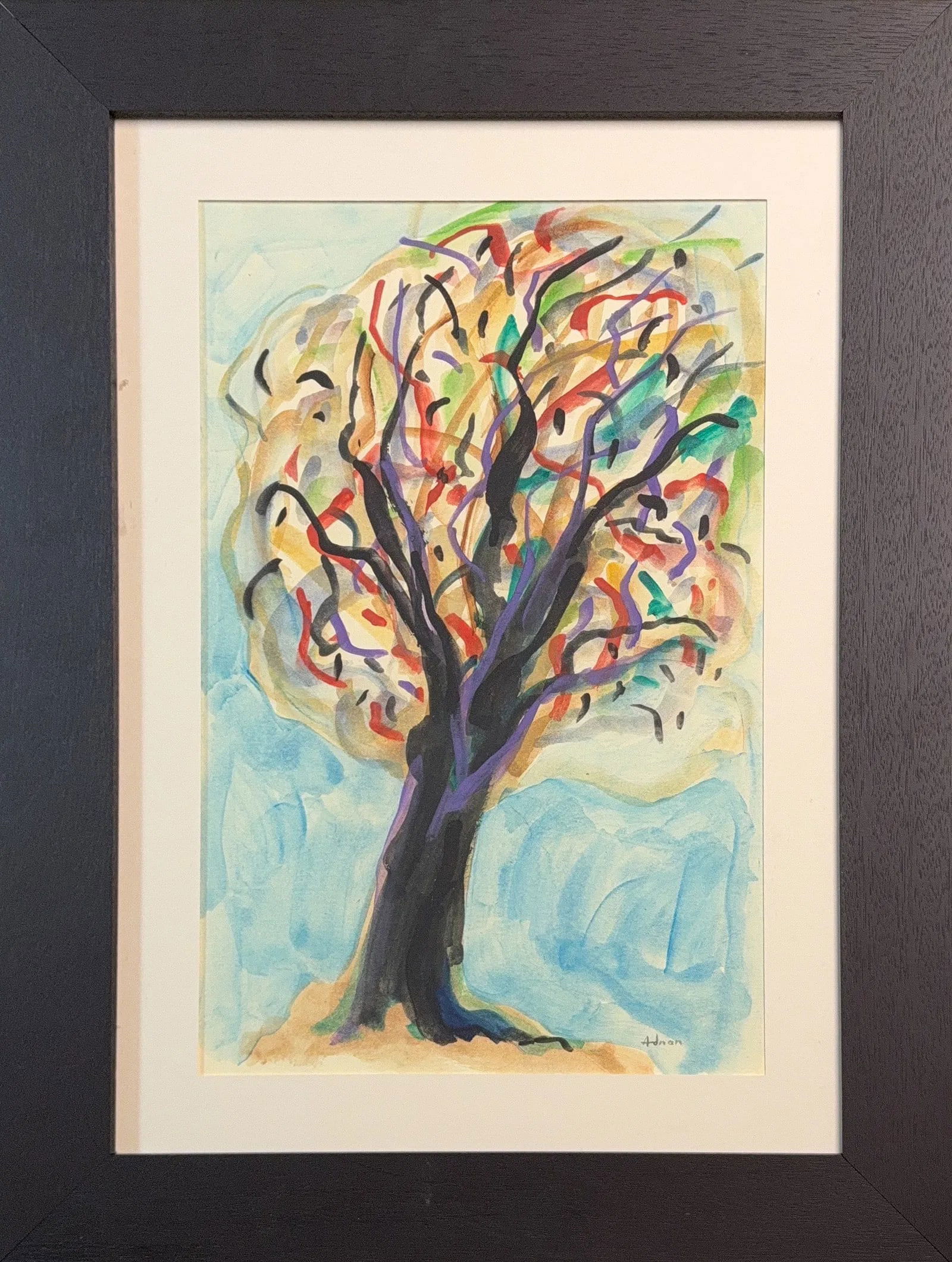 Etel Adnan, Watercolor/Mix-Media on Paper, French (1925 - 2021): KEYWORDS: Tree, Colorful, Semi-Impressionist, Sky, Land. Born: 1925 - Beirut, Lebanon. Died: 2021. Known for: Geometric and other abstract painting, watercolor and oil. Currently the focus of a signif