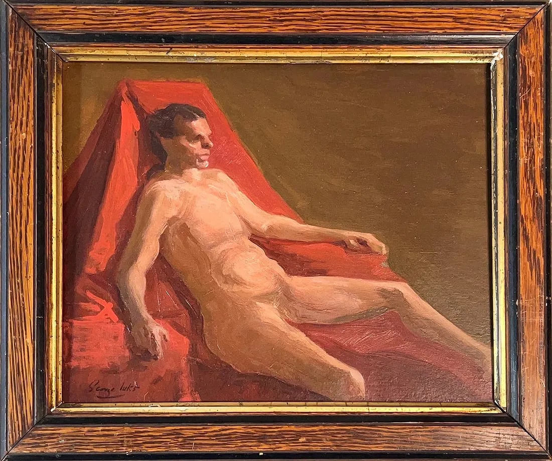 George Benjamin Luks, Oil on Hard Board, American (1866 - 1933): KEYWORDS: Male, Nude, Red, Drapery, Background, Solid, Brown, Volume, Texture. Born: 1866 - Williamsport, Pennsylvania. Died: 1933 - New York City. Known for: Urban genre and portrait painting, illust