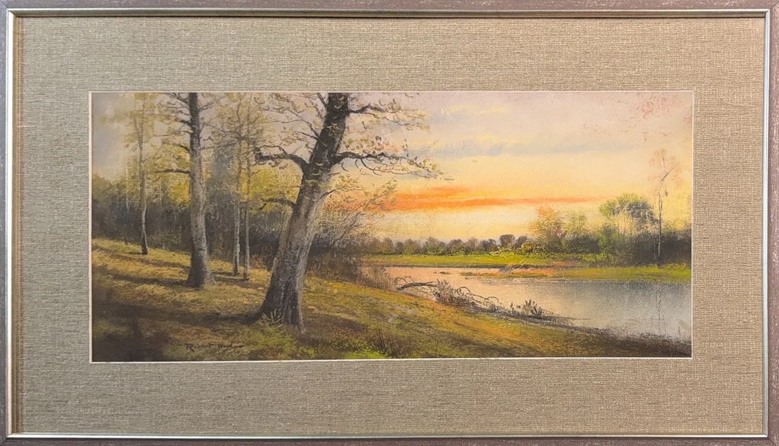 Robert William Wood, Pastel on Cardboard, English (1889 - 1979): KEYWORDS: Custom Frame, Pastel, Landscape, Trees, Grass, Sunset, River, Lake. Born: 1889 - Sandgate, Kent, England. Died: 1979 - Bishop, California. Known for: Landscape, coastal view and still life p