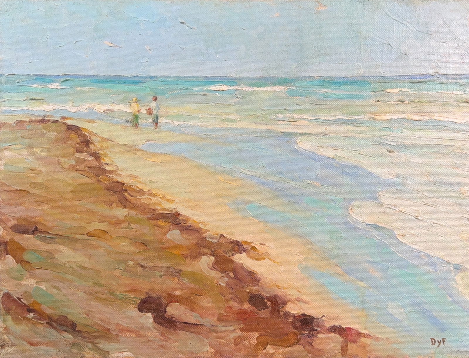 Marcel Dyf, Oil on Board, French (1899 - 1985): KEYWORDS: Impressionism, Post-Impressionism, Figurative (figures on the beach), Plein air painting (painted outdoors), Natural scenery, Light, Color, and vibrancy. Born: 1899 - Paris, France. Died: 19