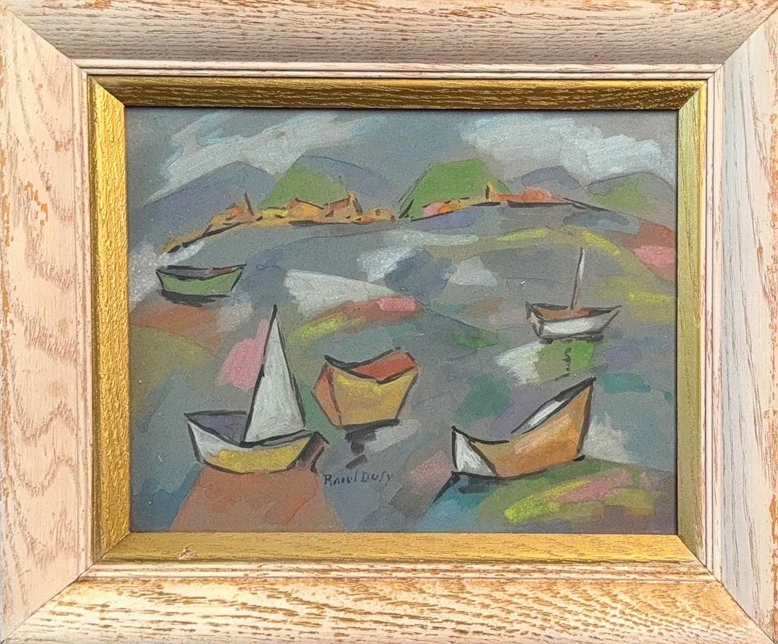 Raoul Dufy, Watercolor/Mix-Media on Paper, French (1877 - 1953): KEYWORDS: Bright, Colors, Lively, Calligraphic, Black Line, Boat Hulls, Sails, Buildings, Hills, Mountains. Born: 1877 - Le Havre, France. Died: 1953 - Forcalquier, France. Known for: Fauve painting-b