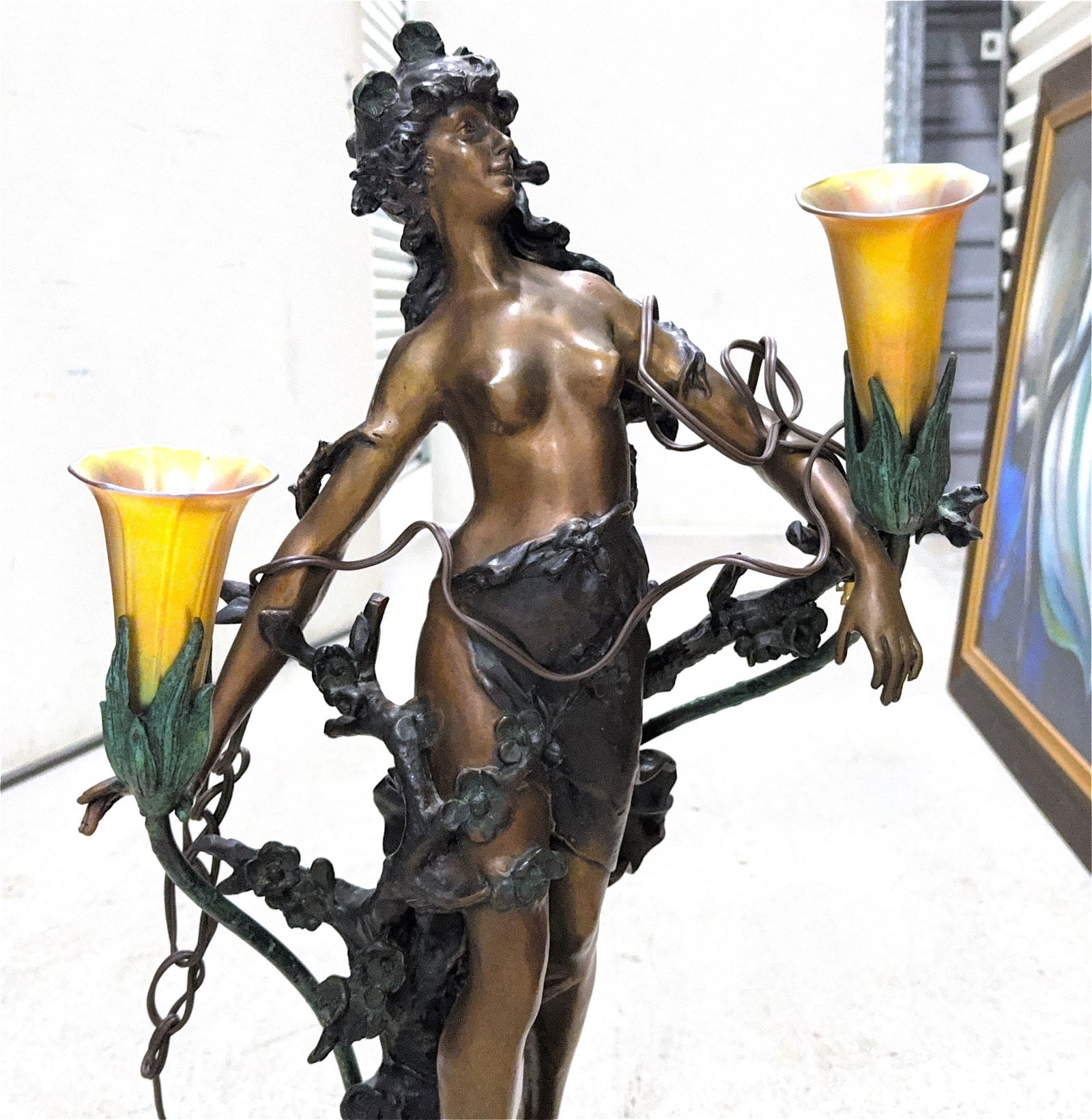 Bronze Nude Sculpture with Two Art Deco Lights Lamp - In the Manner of Auguste Moreau (1834 - 1917): KEYWORDS: Art Nouveau, Figural lamp, Bronze (or bronzed spelter/metal), Female figure, Nymph, Turbaned Bird Girl Lamp (specific name used by some sellers), Moreau (after Auguste Moreau, a likely artis