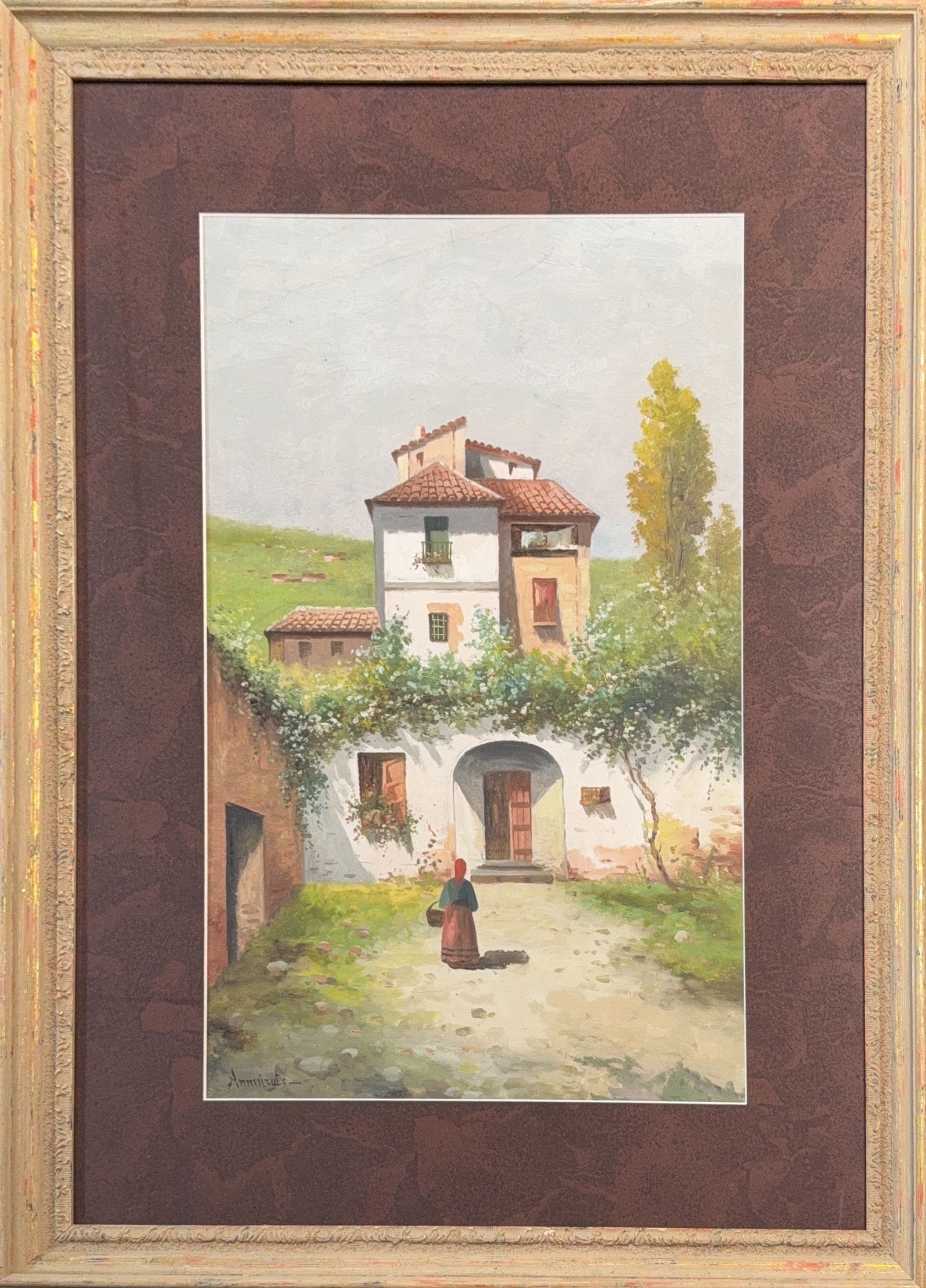 Domenico Ammirato, Oil on Board, Italian Painter (1833 - 1890): KEYWORDS: Rural landscape , Village scene, Mediterranean architecture (stucco walls, red tile roofs), Spanish village, Italian village, European village, Figurative (woman with basket in the foregroun