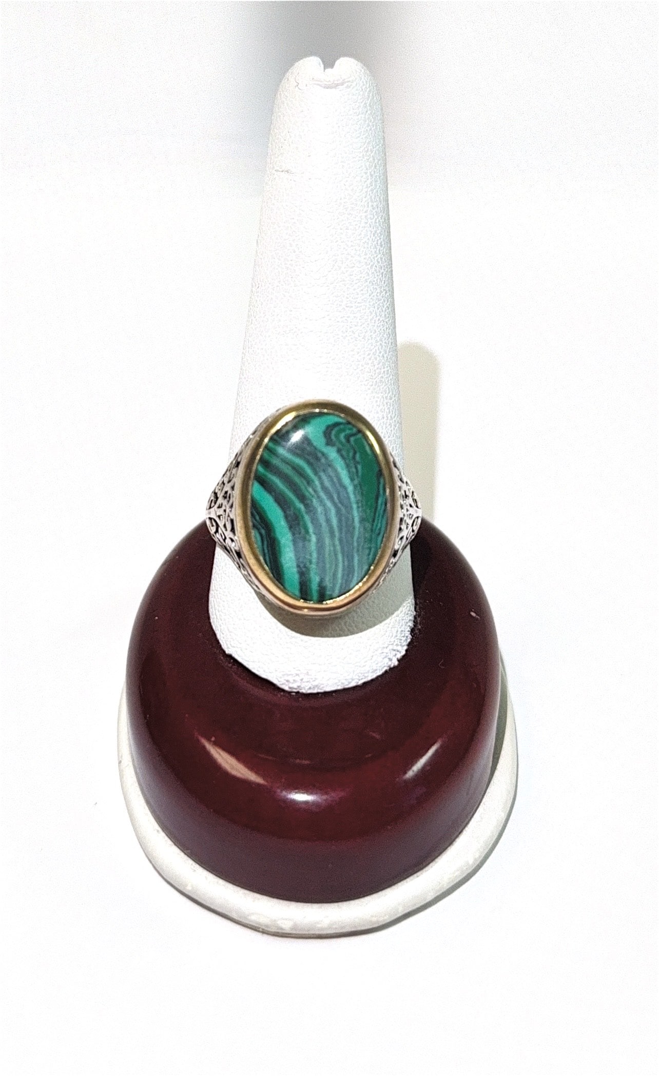 Silver/Gold Bezel Malachite Ring Size #12: KEYWORDS: Malachite ring, Sterling silver, Gold edge (or gold-tone bezel, two-tone), Filigree band (or engraved, ornate), Vintage (or retro style), Cabochon (gemstone cut), Green gemstone, Statement r
