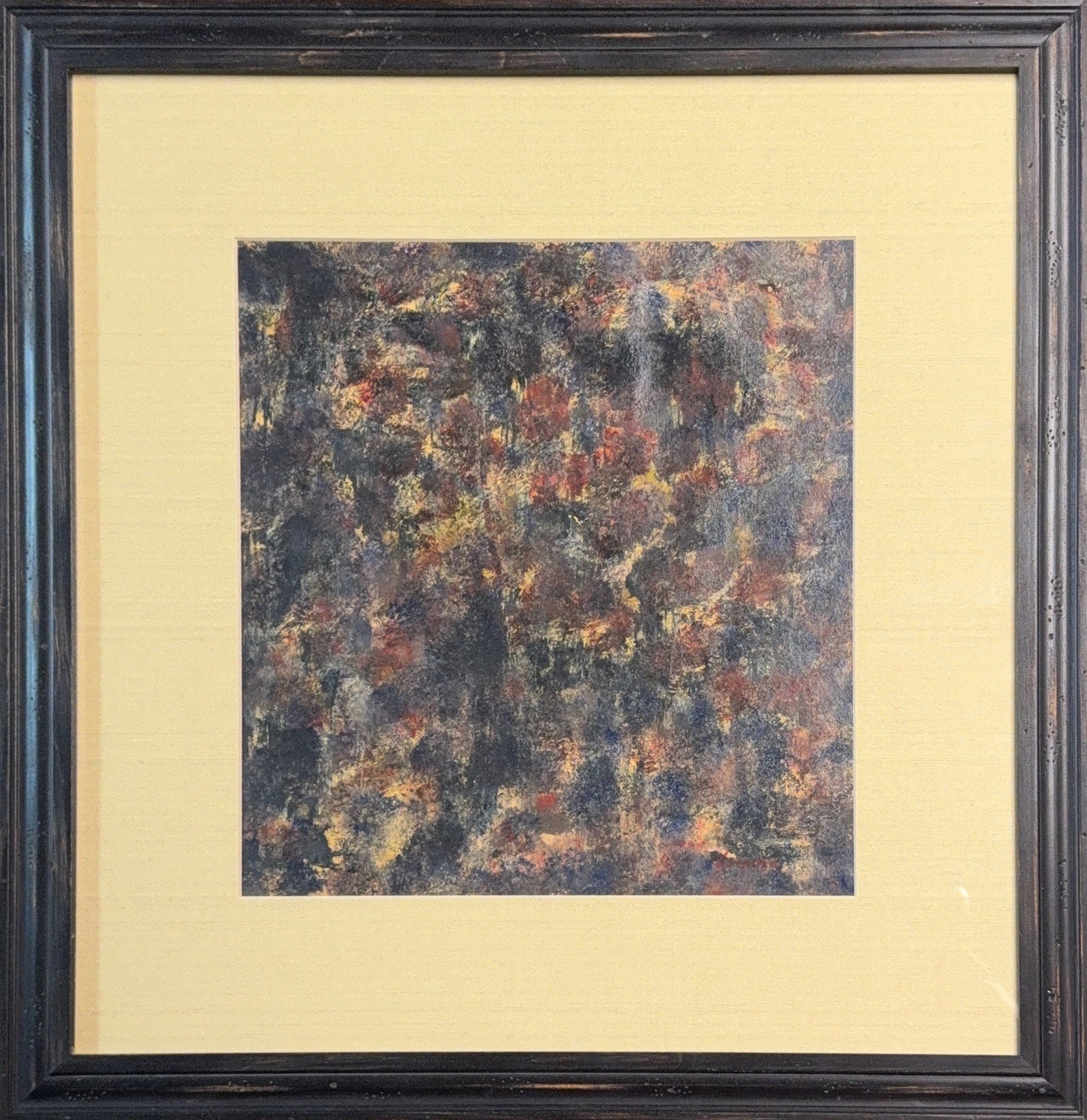 Antonio Corpora, Oil on Paper, Italian (1909 - 2004): KEYWORDS: Dark color palette, Muted tones, High contrast, Deep blues, grays, black, Earthy reds, yellows, oranges, Amorphous shapes, Irregular forms, Layered paint, All-over composition. Born: 1909 -