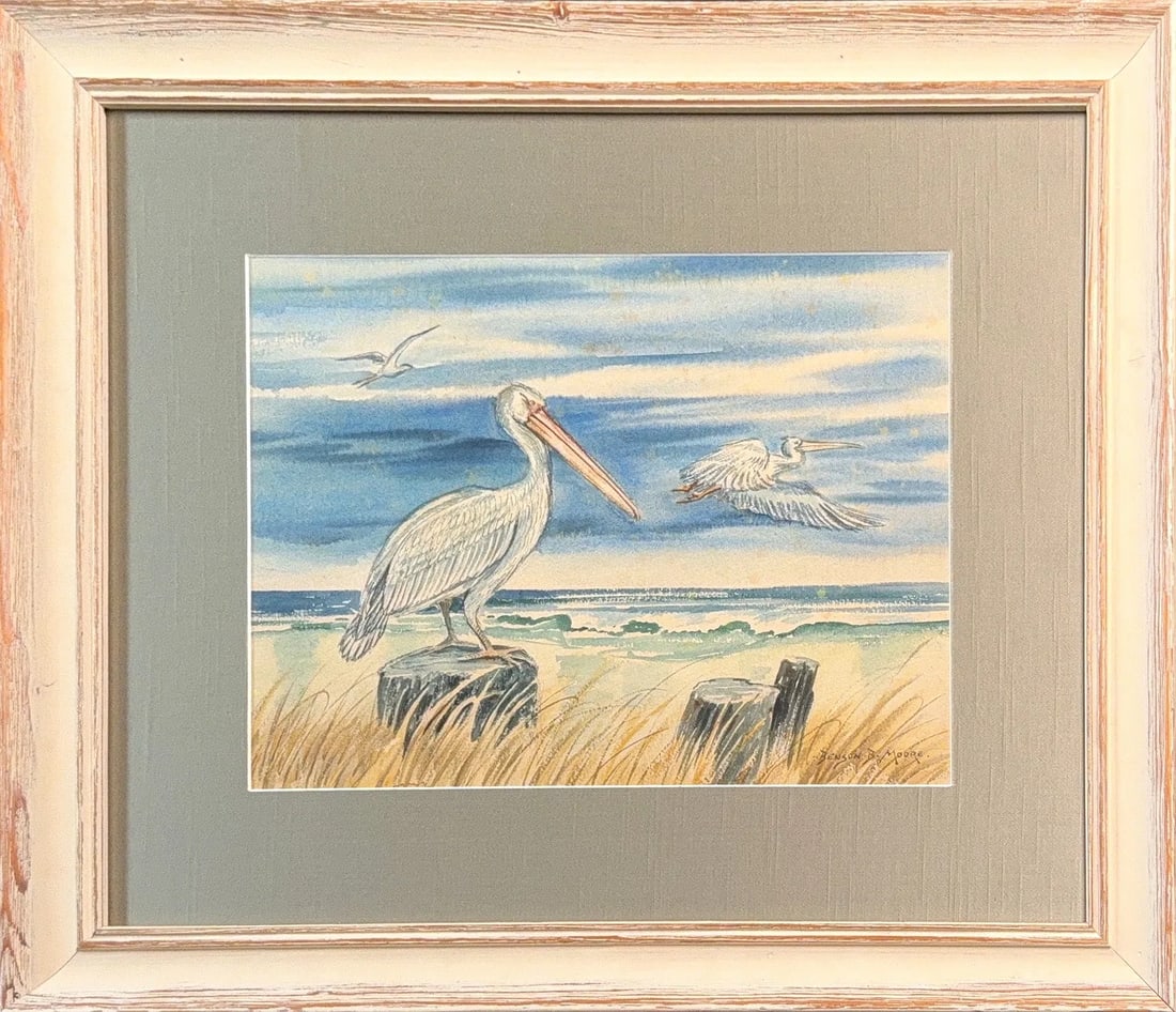 Benson Bond Moore, Watercolor on Artist Cardboard , American (1882 - 1974): KEYWORDS: Shorebirds, Pelican, Beach, Heron, Wooden Post, Soft, Cloudy, Tall Grass, Sand. Born: 1882 - Washington DC. Died: 1974 - Sarasota, Florida. Known for: Rural landscape and wildlife painting,