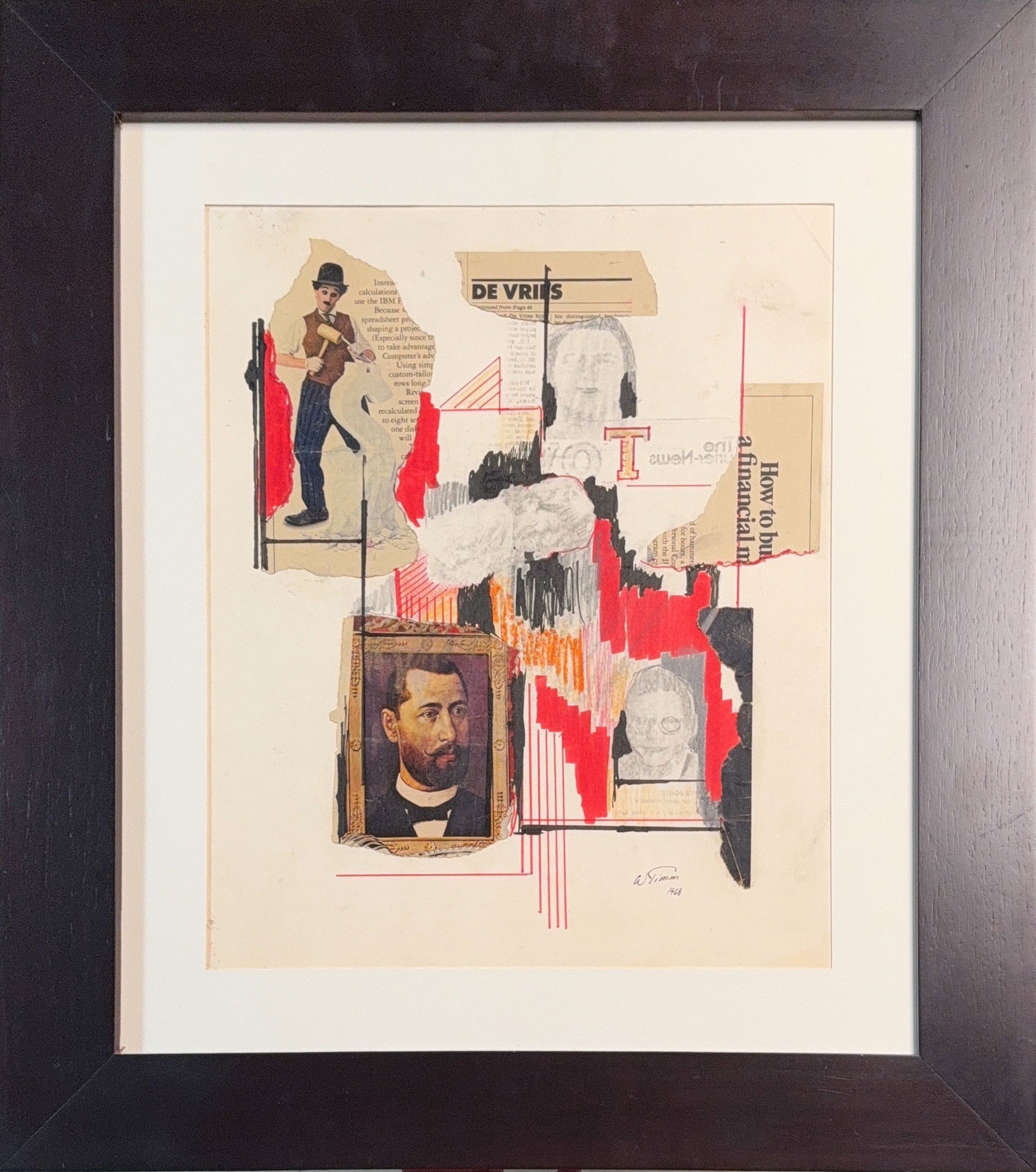 Wayne Timm, Collage, American (1966): KEYWORDS: Newspaper clippings, Financial news, Vintage photos or portraits, Man with hammer, Cross, Figure study. In 1966, the American artist Wayne Timm was living and working in a studio loft in New