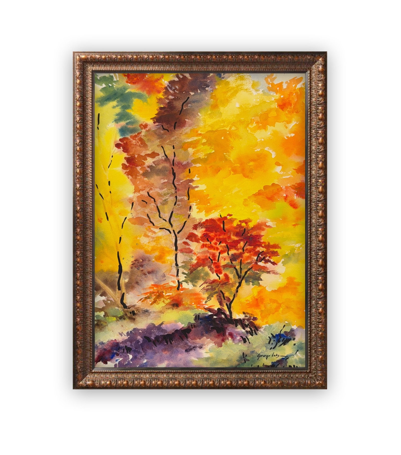 George Benjamin Luks, Watercolor/Mix-Media on Paper, American (1866 - 1933): KEYWORDS: Autumn landscape, Impressionism, Fall foliage, Vivid colors, American, Ashcan School, Expressionism, Landscape painting. Born: 1866 - Williamsport, Pennsylvania. Died: 1933 - New York City.
