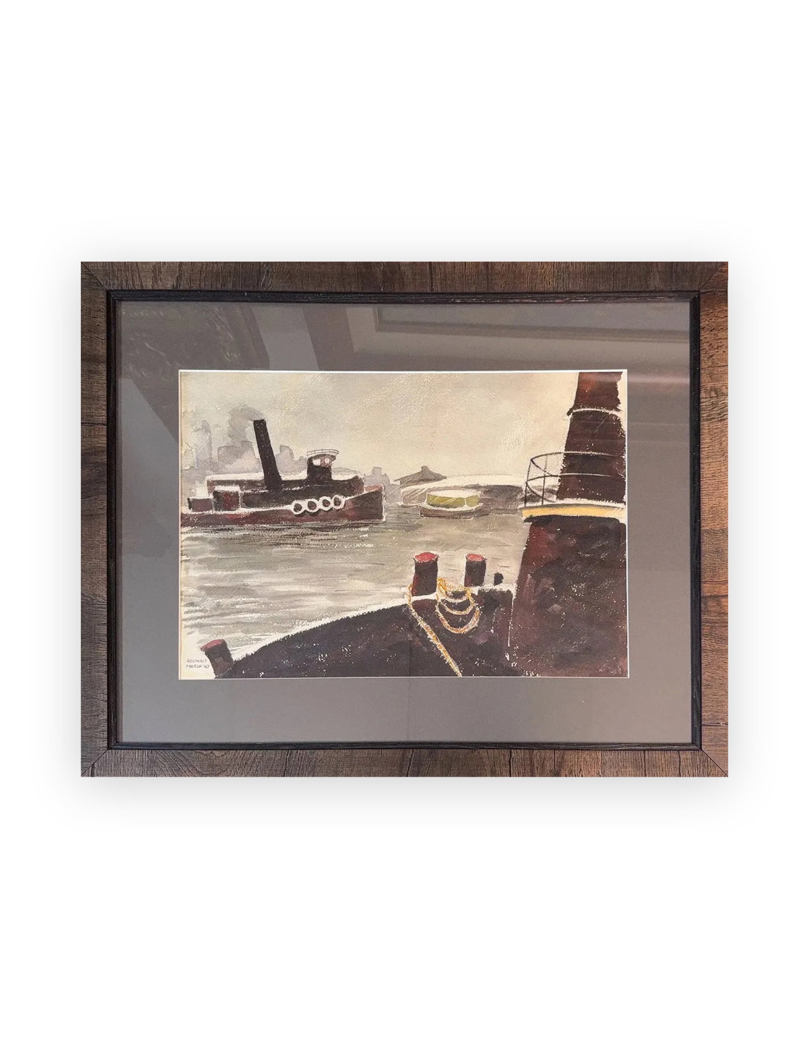Reginald Marsh, Charcoal/Watercolor on Paper, French (1898 - 1954): KEYWORDS: Industrial, Harbor Scene, Tugboats, Workboats, Busy Working, Waterfront, Ship, Heavy, Ropes, Smokestack. Born: 1898 - Paris, France. Died: 1954 - Dorset, Vermont. Known for: Illustration, ur