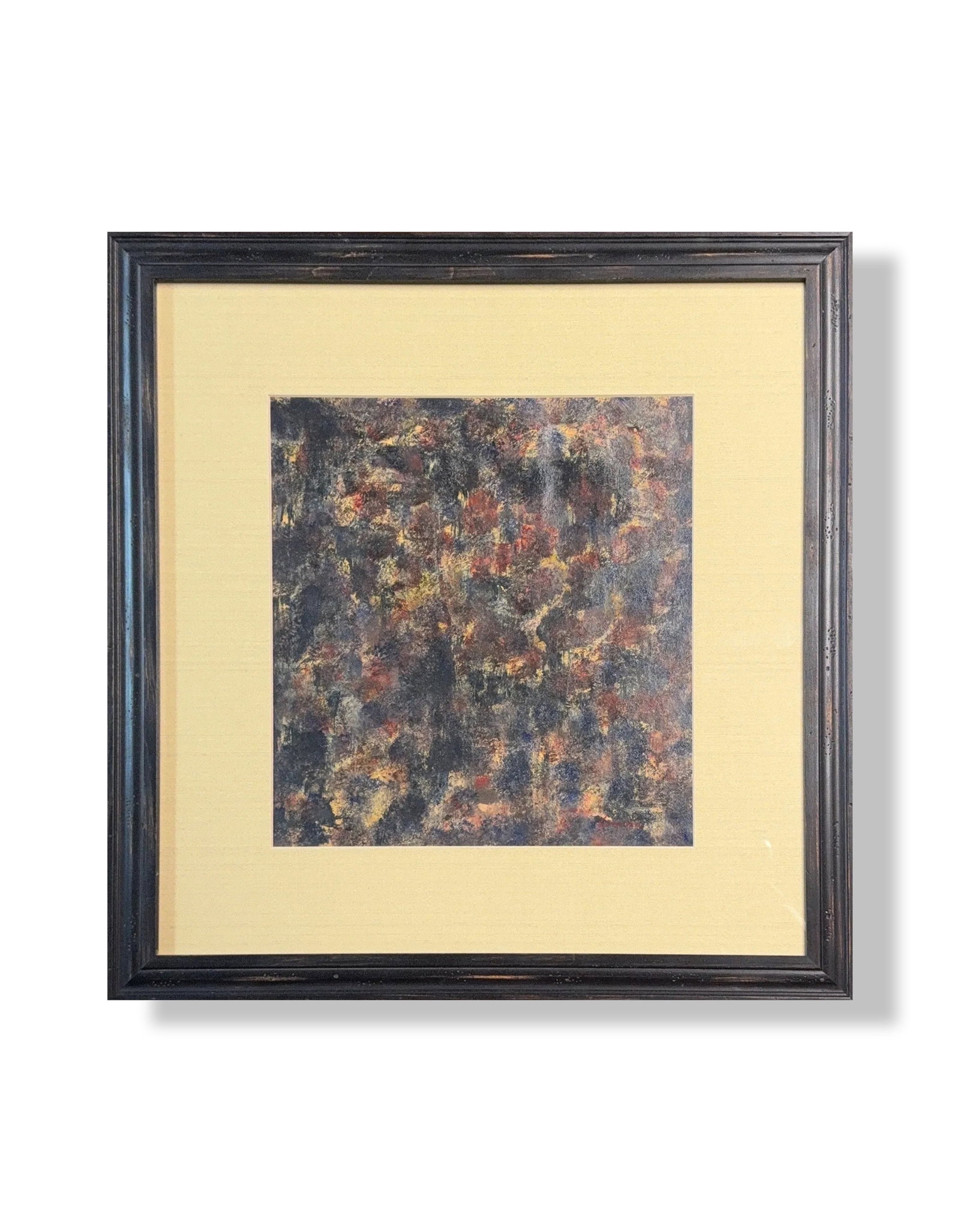 Antonio Corpora, Oil on Paper, Italian (1909 - 2004): KEYWORDS: Dark color palette, Muted tones, High contrast, Deep blues, grays, black, Earthy reds, yellows, oranges, Amorphous shapes, Irregular forms, Layered paint, All-over composition. Born: 1909 -
