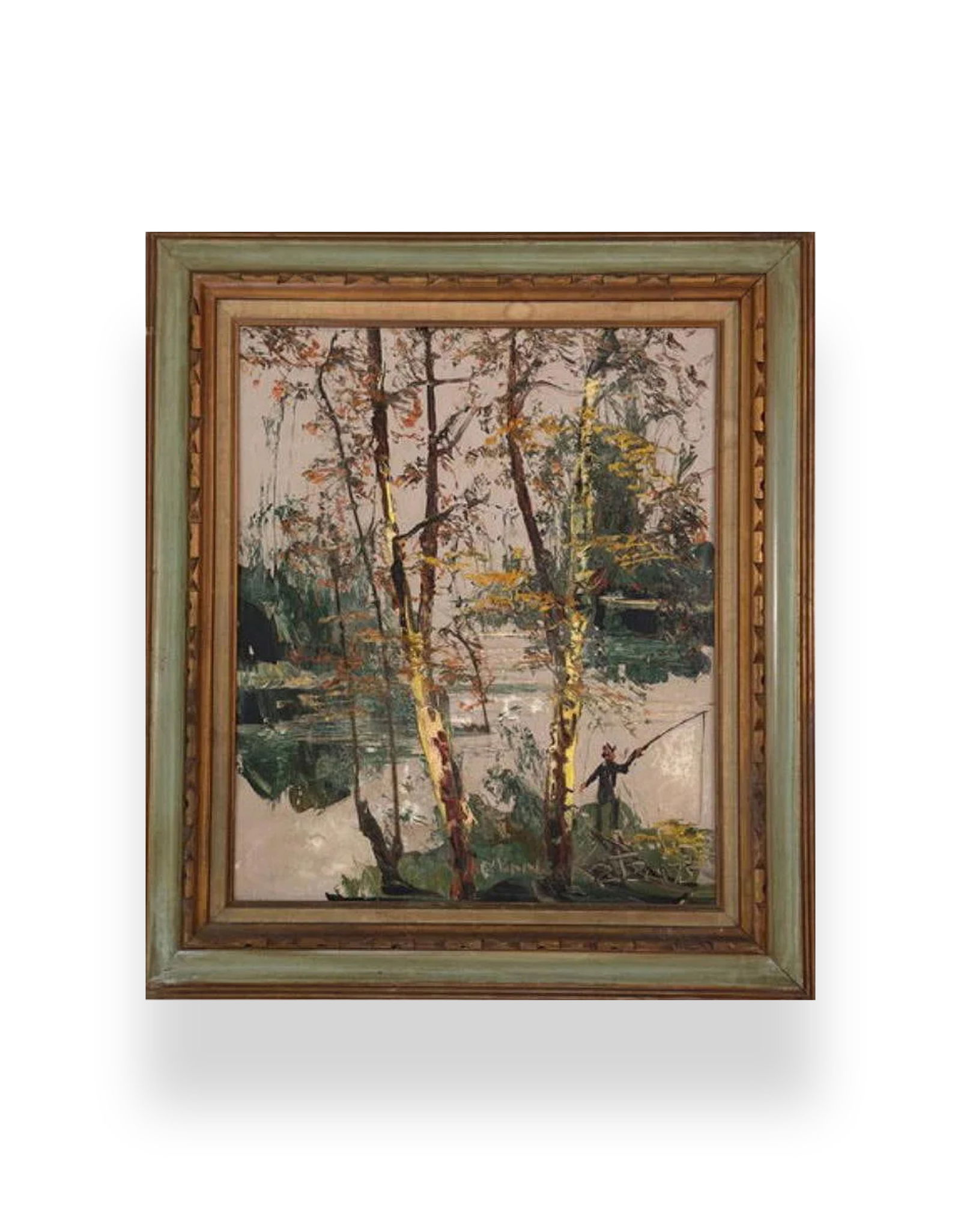 Morris Katz, Oil on Board, Polish (1932 - 2010): KEYWORDS: Fishing or fisherman, River or stream, Trees or forest, Autumn colors (orange, yellow, brown foliage), Reflections in water, Solitude or peaceful scene, Nature. Thirty seconds. That’s just
