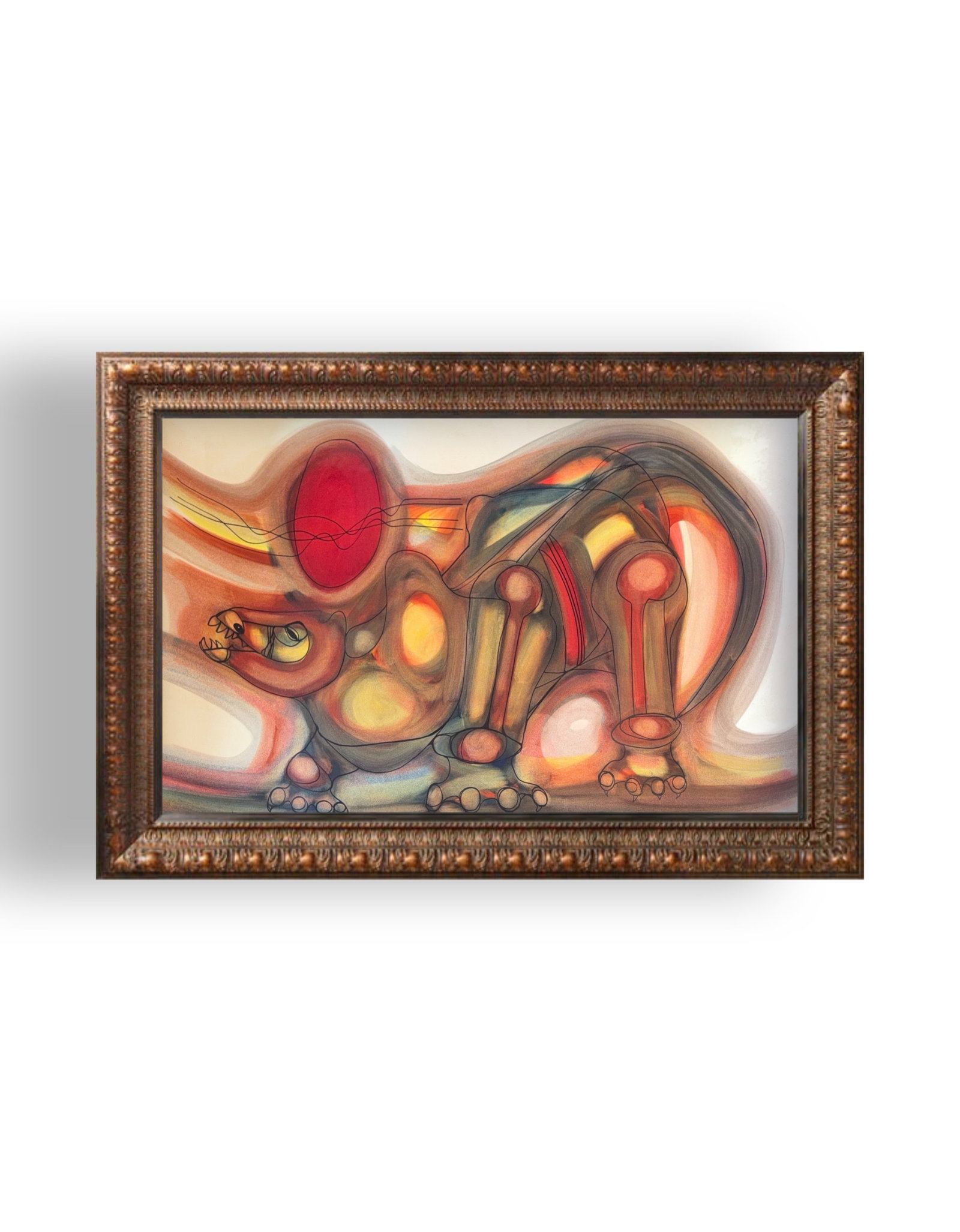 Hargreaves Ntukwana, Mix-Media on Paper, South African (1938 - 1999) "The Hunter": KEYWORDS: Animal, Pray, Colors, Shapes, Circles, Geometric, Semi-Abstract, Dark/Gloomy. Hargreaves Ntukwana (1938–1999) was a prominent South African artist and musician known for his vibrant, expre