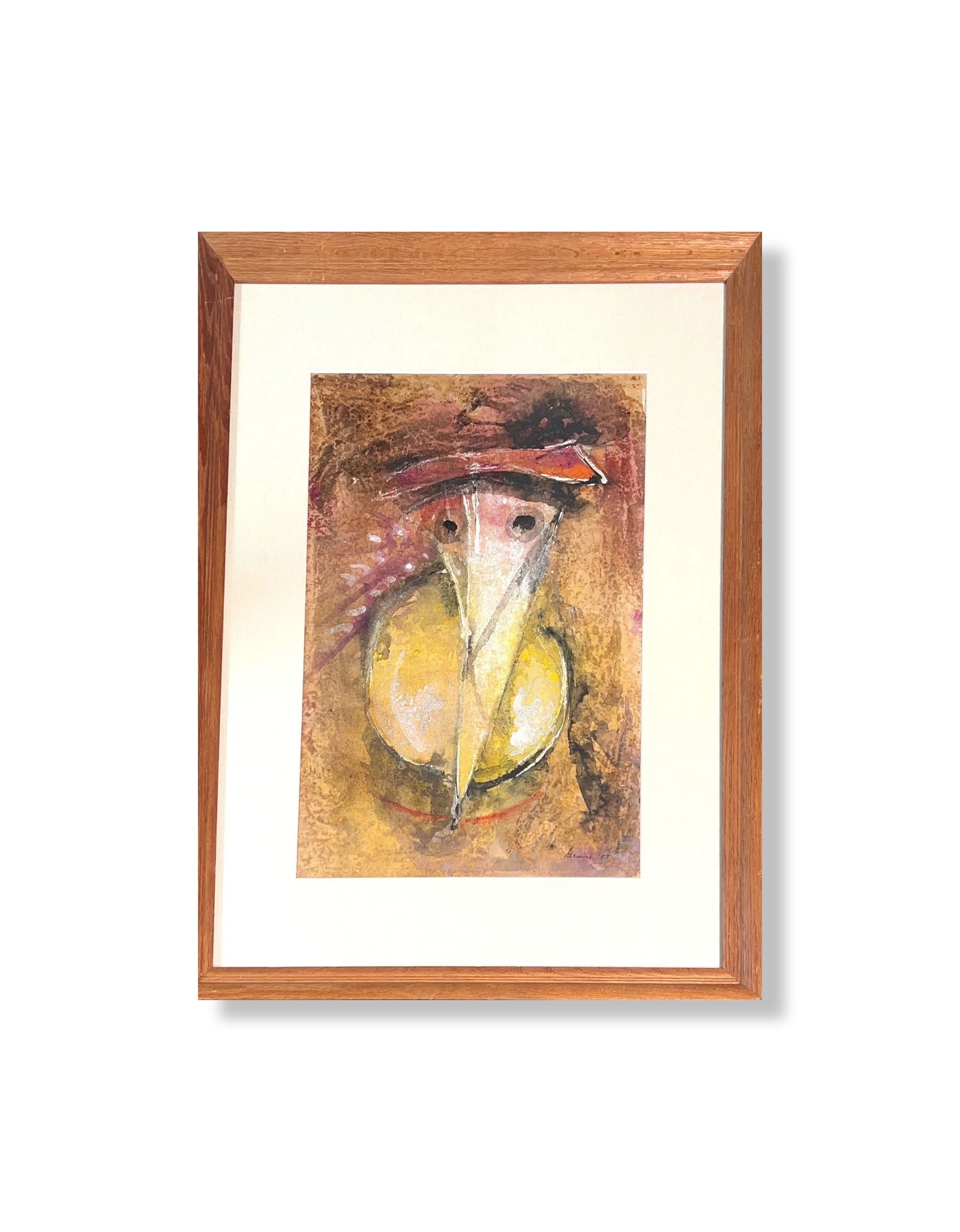 Morris Graves, Mix-Media on Paper, American Painter (1910 - 2001): KEYWORDS: Abstract, Bird, Beak, Mask, Yellow, Brown, Earthy, Texture, Expressionism, Figurative, Modern. Born: 1910 - Fox Valley, Oregon. Died: 2001 - Loleta, California. Known for: Abstract, symbolic