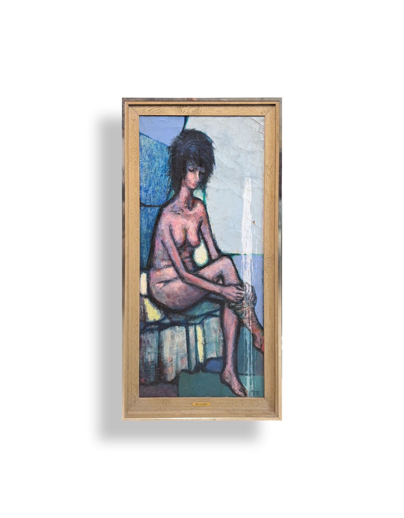 Rene Cazassus, Oil on Canvas (1932 - Ongoing) “Bleau Nude": KEYWORDS: Nude, Female, Seated, Dressing, Expressionistic, Figurative, Mid-century. René Cazassus (born 1932) is a French postwar and contemporary painter and printmaker. While a formal, extensive bi