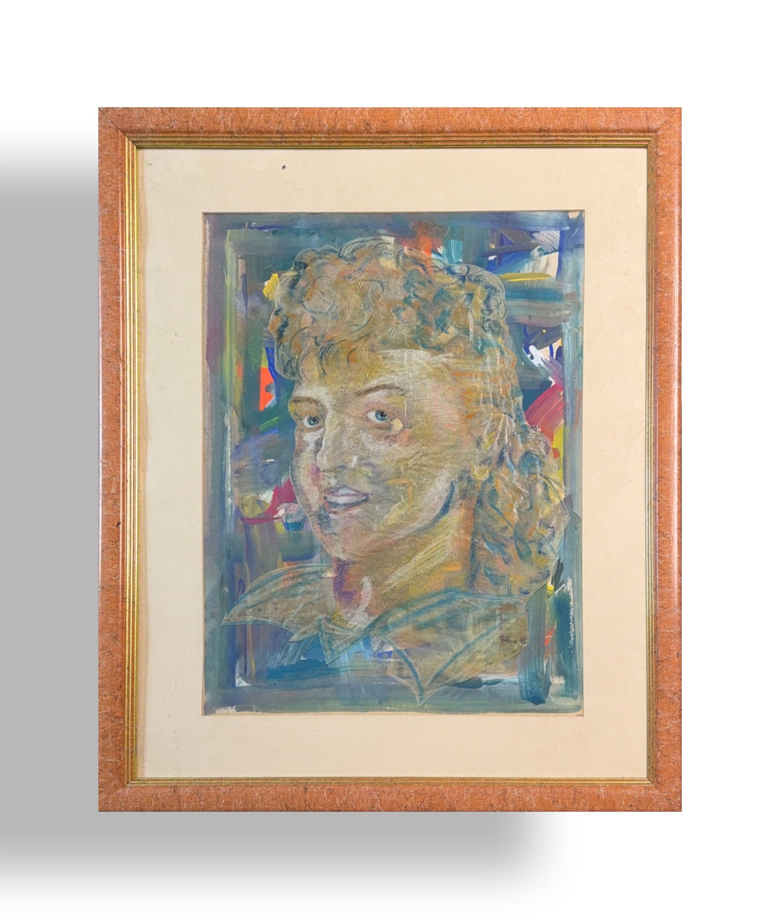 Illegible Signature, Mix-Media/Collage: KEYWORDS: Portrait Expressionism Abstract style Curly hair Blue eyes Colorful Impasto Gestural brushstrokes. This is an expressionistic abstract style featuring a portrait of a person with curly hair