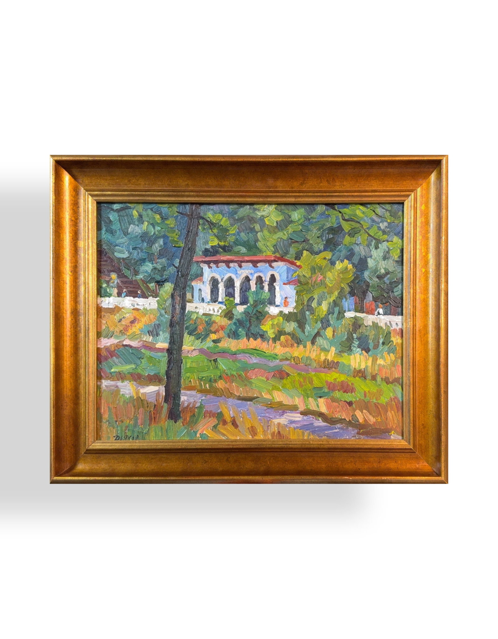 Yuri Petrovich, Oil on Hardboard, Russian (1929 - 2008): KEYWORDS: Impressionist, Post-Impressionistplein-air, Textured brushstrokes, Light and colorLandscape, Blue house with arches, Foreground grasses, Middle ground path. Yuri Petrovich Dyakov (1929–