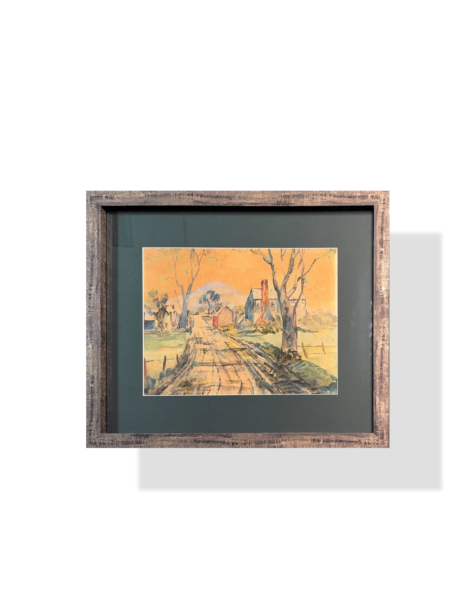 William Meyerowitz, Mix-Media on Paper, Ukranian Painter (1887 - 1981): KEYWORDS: Landscape, Rustic, Farmhouse, Country road, New England, Art style, Framed, Vintage, Warm orange sky, Trees. Born: 1887 - Esterinoslav, Ukraine. Died: 1981 - New York, New York. Known for: G