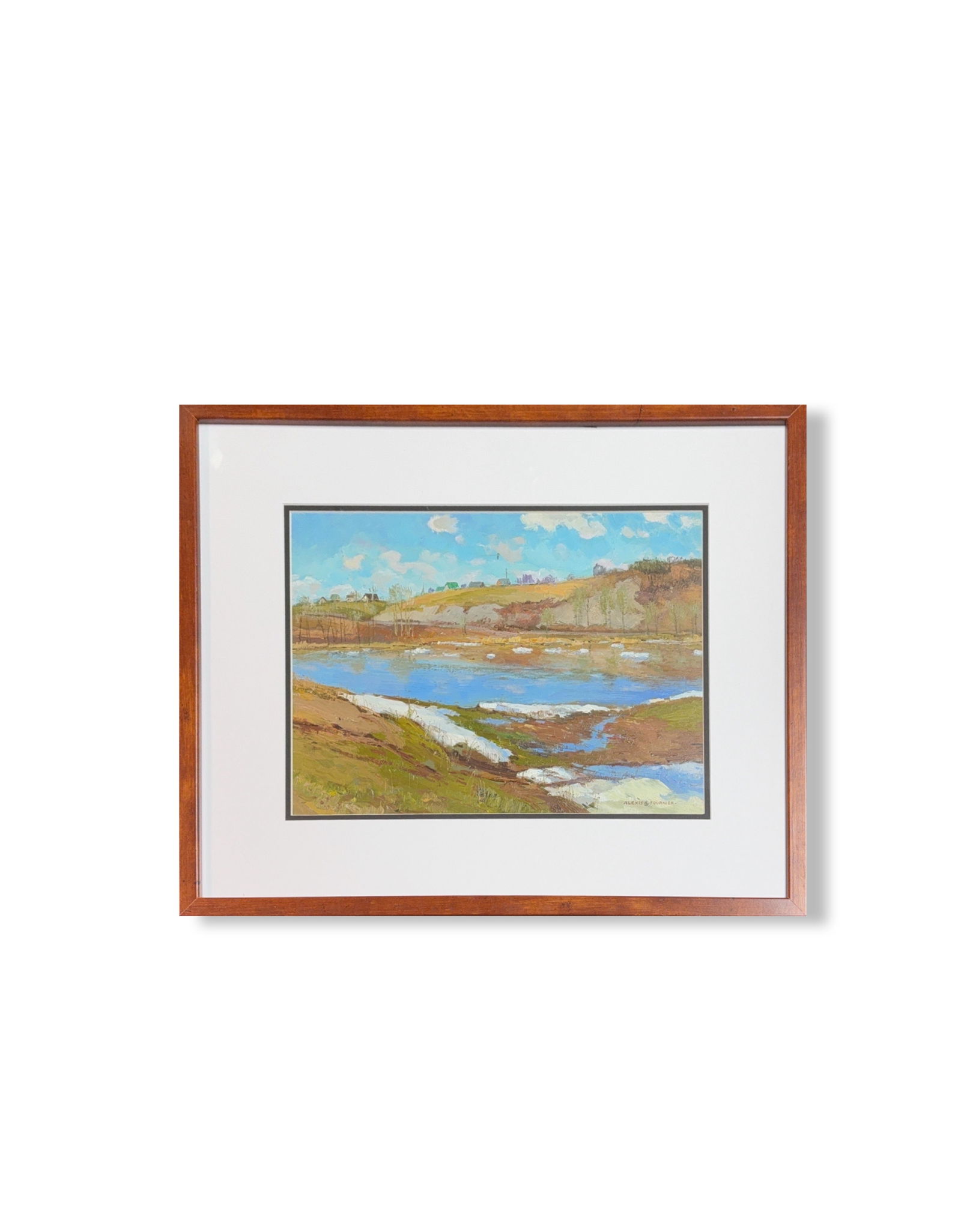 Alexis Jean Fournier, Oil on Hardboard, American (1865 - 1948): KEYWORDS: Landscape, Impressionist style, Spring thaw, Melting snow, River, StreamHilly banks, Rural village, Blue sky , White clouds, Textured brushwork. Born: 1865 - St. Paul, Minnesota. Died: 1948