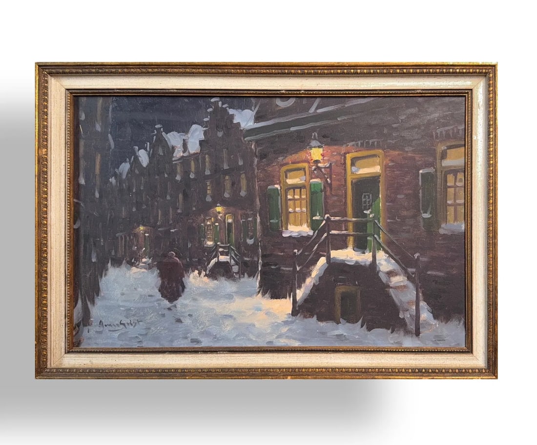 Arnout Van Gilst, Oil on Canvas, Dutch (1898 - 1982) "Heading Home": KEYWORDS: Impressionist, Naturalist, Winter scene, Townscape, Dutch, European setting, Snow, Night, Street scene, laneway, Quiet, serene, Gas lamps, Street lights, Architecture. Arnout van Gilst(1898-