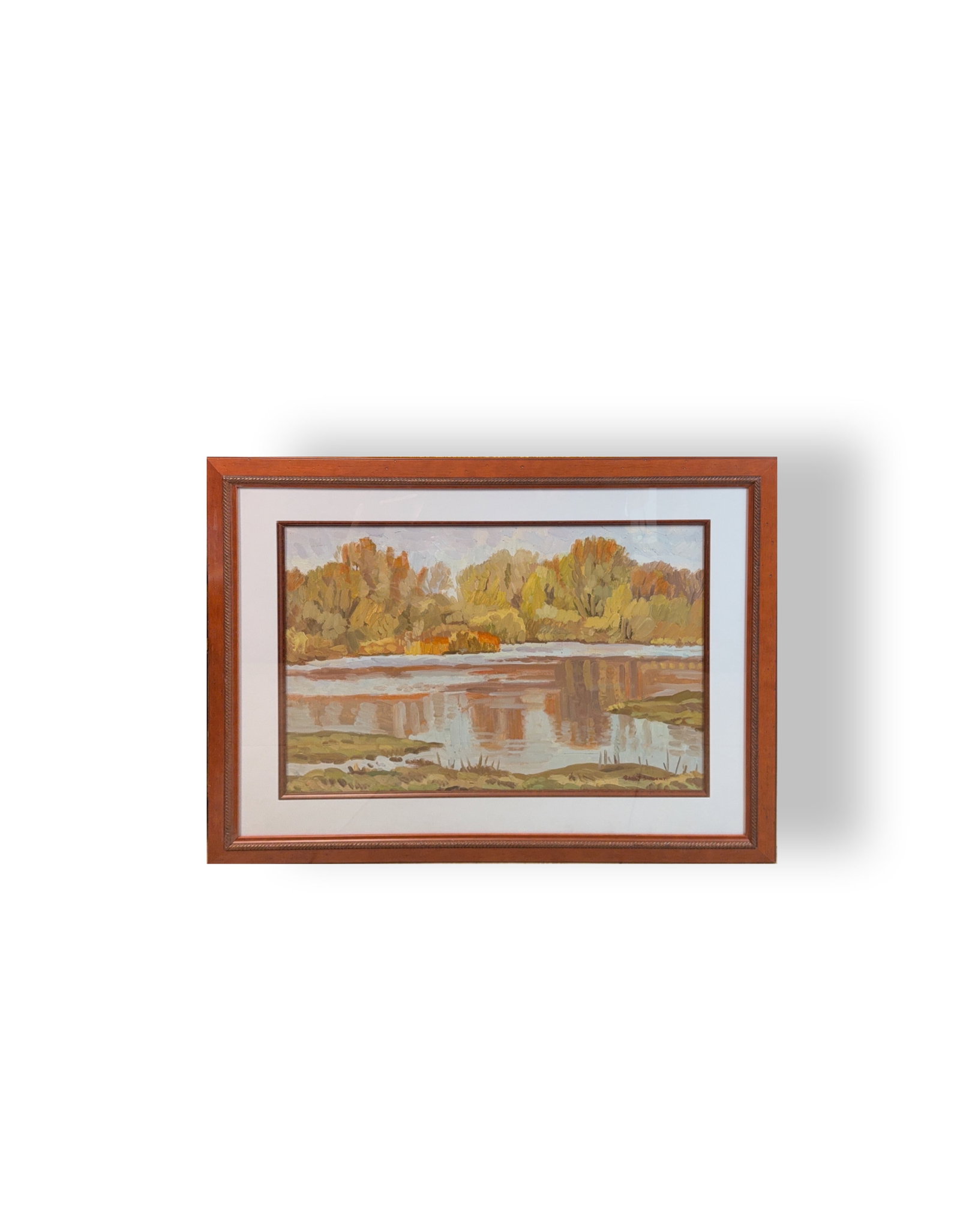 Paul Turner Sargent, Oil on Board, American (1880 - 1946): KEYWORDS: Landscape, Autumn, Fall, River, stream, Impressionist, Expressionist style, Trees, Yellow/orange leaves, Reflections, Plein Air. Born: 1880 - Coles County, Illinois. Died: 1946 - Coles Count