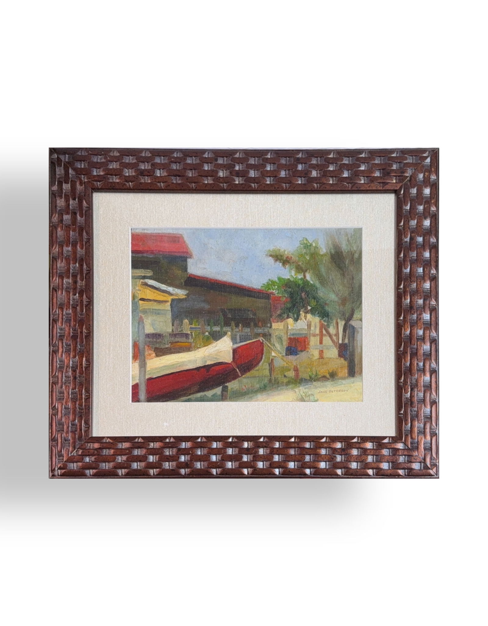 Jane Peterson, Oil on Canvas Board, American (1876 - 1965): KEYWORDS: Red boat, Row boat, Fishing boat, Yard, Building, ShedRed roof, Green trees, Vegetation, Nautical scene, Dockyard, Boatyard, Seascape, Landscape. Born: 1876 - Elgin, Illinois. Died: 1965 - L