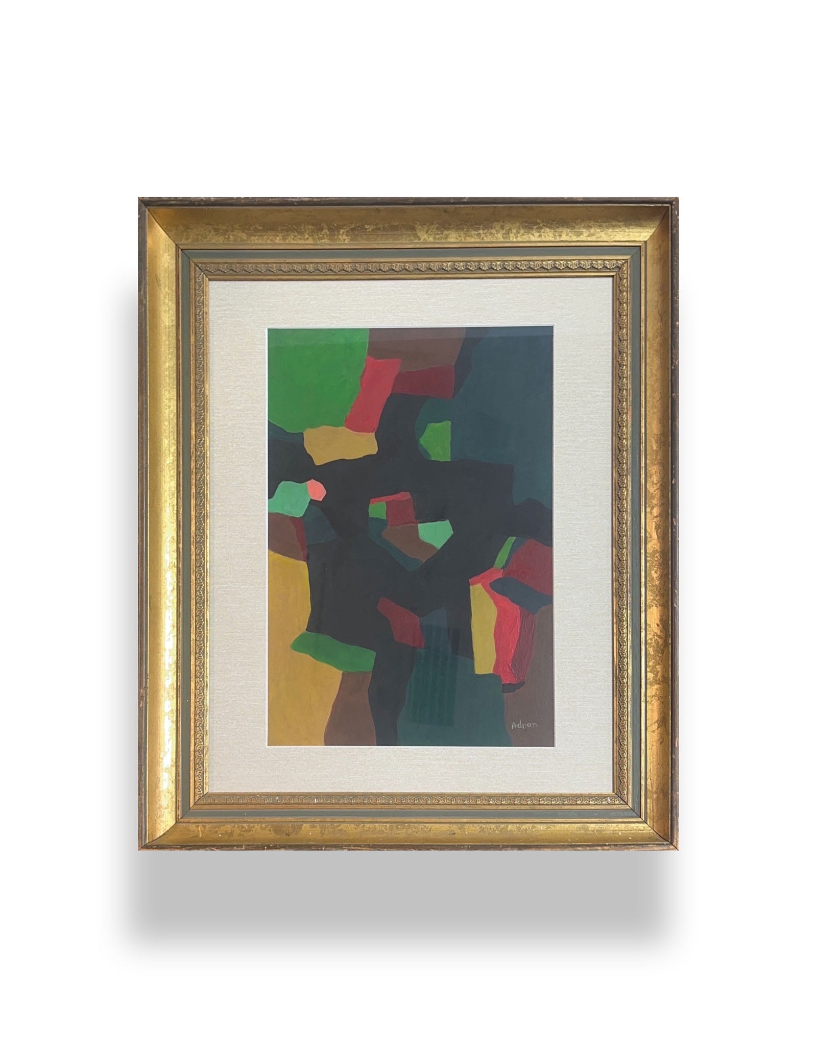 Etel Adnan, Oil on Board, French Painter (1925 - 2021): KEYWORDS: Abstract art, Color field painting, Geometric abstraction, Modern art, Contemporary art, Oil painting, Blocks of color, Rectangular shapes, Composition, Abstract composition, Non-representat