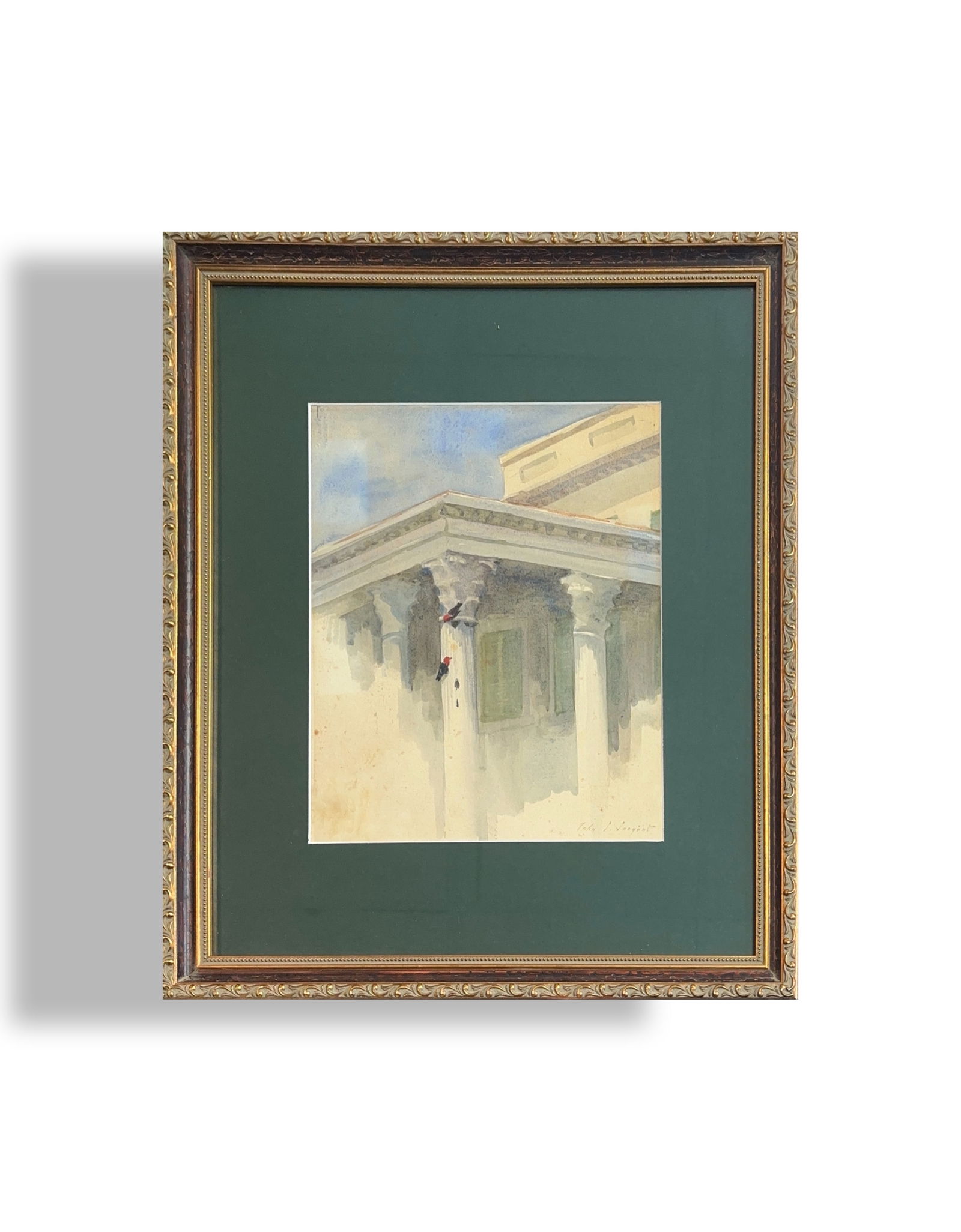 John Singer Sargent, Watercolor on Paper, Italian (1856 - 1925): KEYWORDS: Santa Maria della Salute (church), Venice, Venetian architecture, Classical columns, Corinthian capitals, Architectural study, Architectural drawing, Birds, Red birds, Steps, Building, Struc