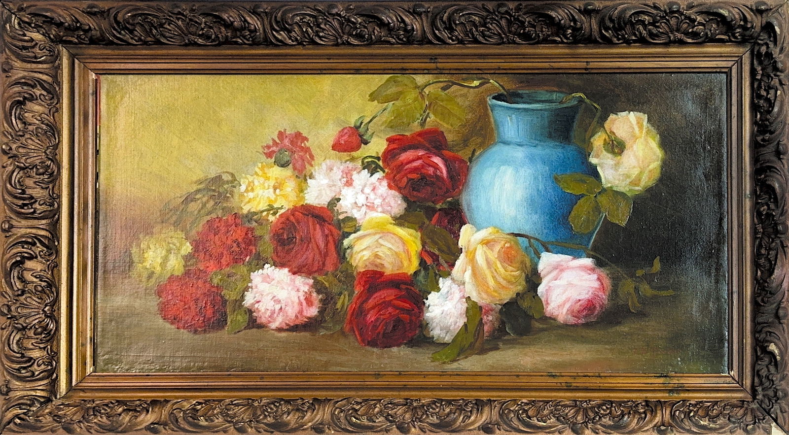 Charles Porter, Oil on Canvas, American Painter (1847 - 1923): KEYWORDS: Red roses, Pink roses, Yellow roses, White flowers, Flowers, Botanical, Blue vase, Ceramic vase, Jug, Vines, Foliage, Green leaves, Tabletop, Background. Born: 1847 - Hartford, Connecticut.