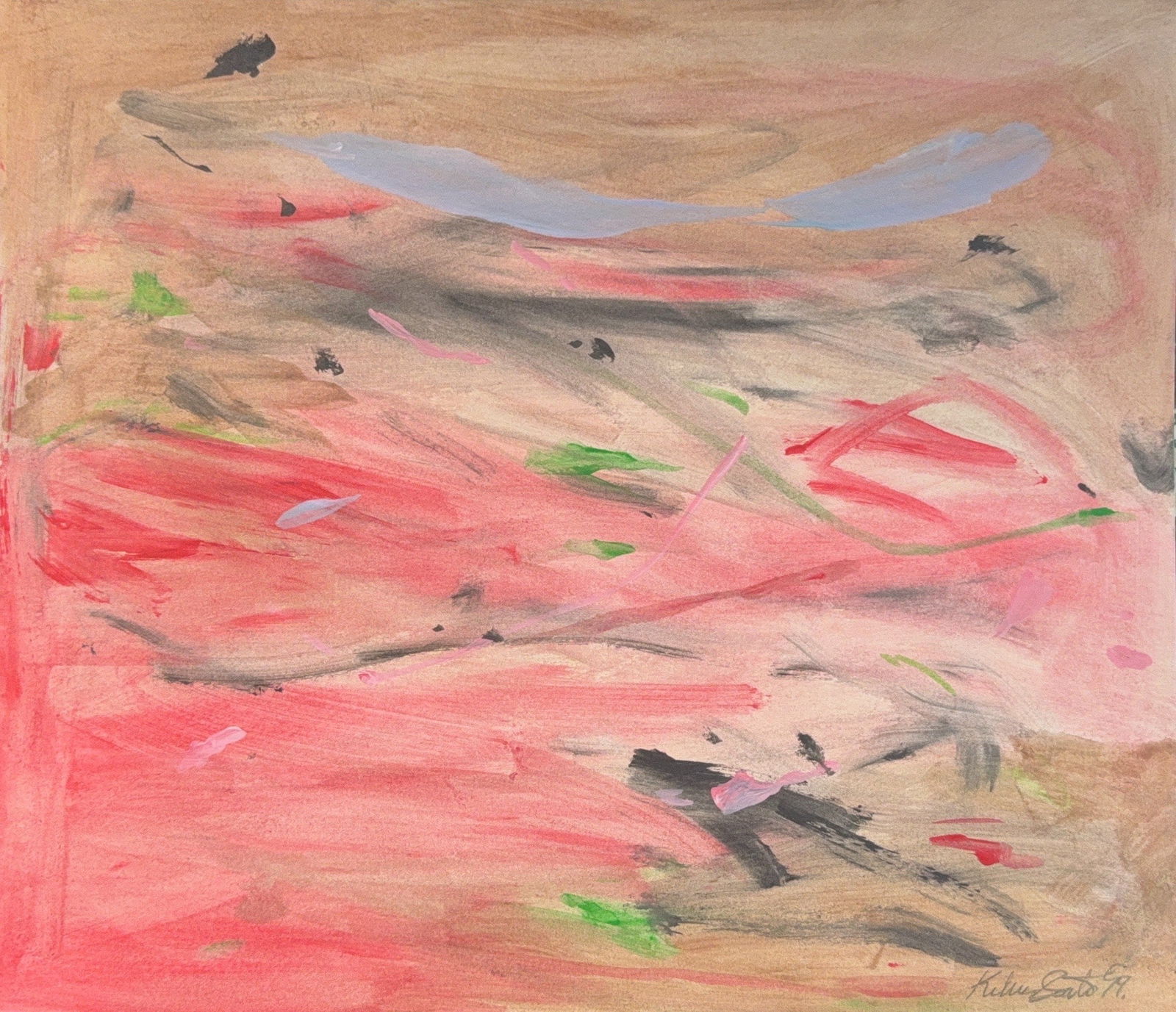 Kikuo Saito, Acrylic/Mix-Media on Cardboard, Japanese (1939 - 2016): KEYWORDS: Abstract composition, Swirling brushstrokes, Dynamic lines, Red tones, Ink, Green accents, Blue accents, Light, Shadow, Dynamic energy. Born: 1939 - Tokyo, Japan. Died: 2016. Known for: Pain