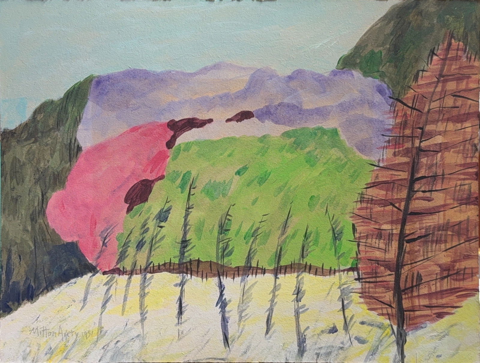 Milton Avery, Mix-Media on Cardboard, American Painter(1885 - 1965): KEYWORDS: Modernist painting, Abstract landscape, Color field, Pink mountain, Green field, Trees, Foliage, Nature, Simplification of forms, Flattened perspective, Vibrant color palette. Born: 1885 - A