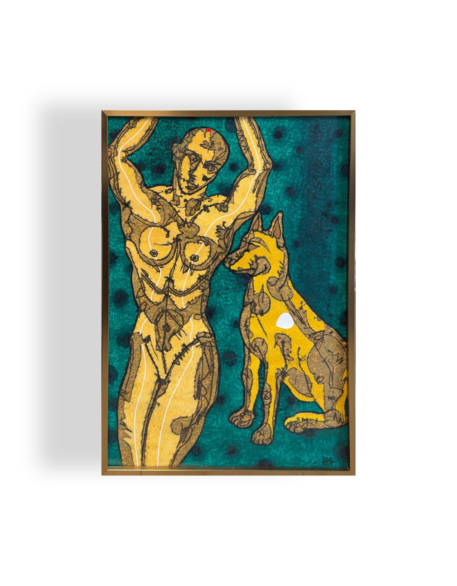 Raul Rodriguez (Boro), Acrylic on Canvas, Cuban (1982 - On Going) "A man and his dog": KEYWORDS: Figurative abstract art, Expressionistic style, Human figure (nude), Dog (appears like a German Shepherd), Yellow/Gold figure, Teal/Green background, Bold outlines / Sketch lines, High contr