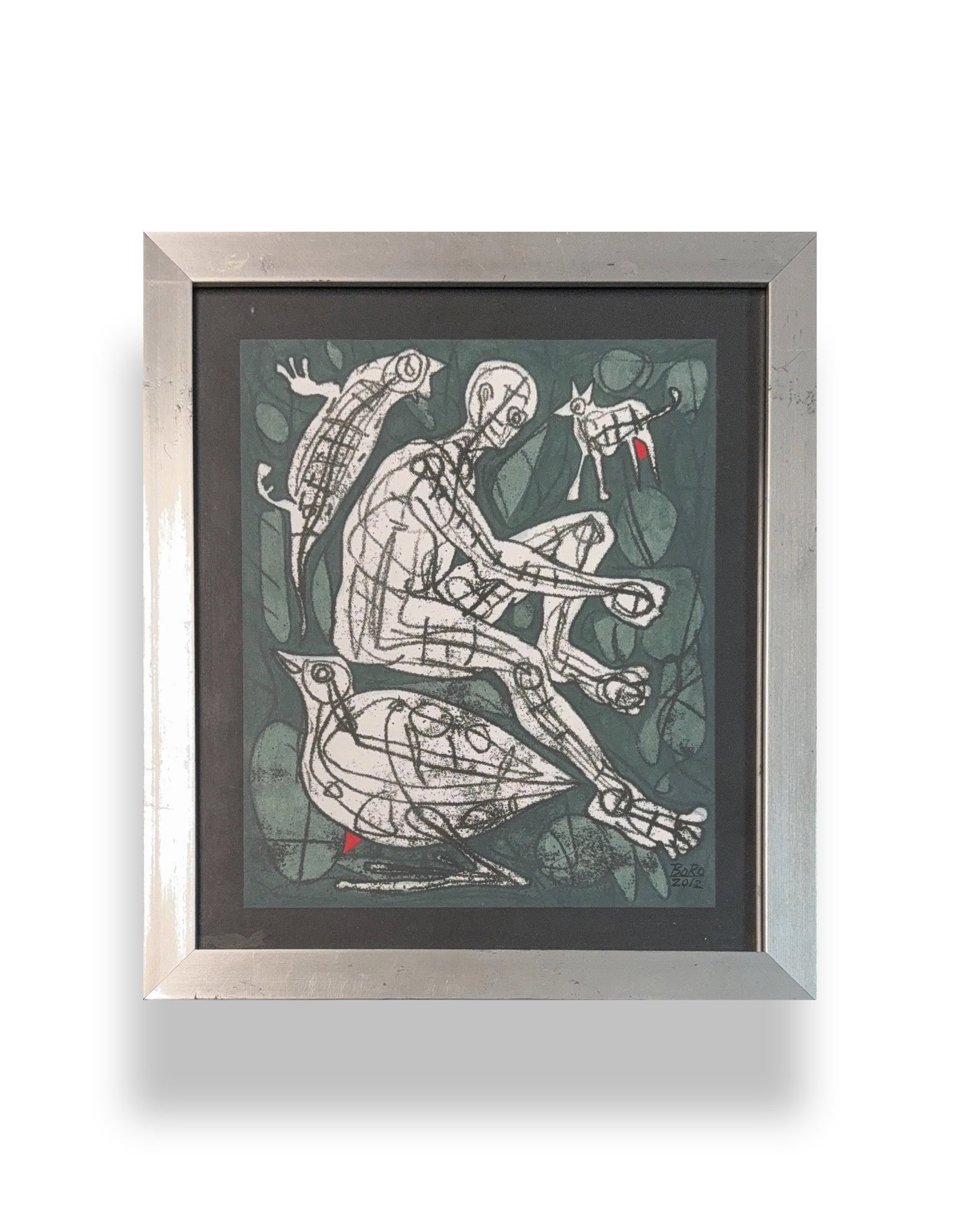 Raul Rodriguez (Boro), Acrylic/Mix-Media on Paper, Cuban (1982 - On Going): KEYWORDS: Figurative abstract art, Expressionistic style, Seated figure (human-like), Animals (bird-like creatures), Stylized anatomy, Wireframe appearance, Strong outlines, Sketch lines, Monochrome b
