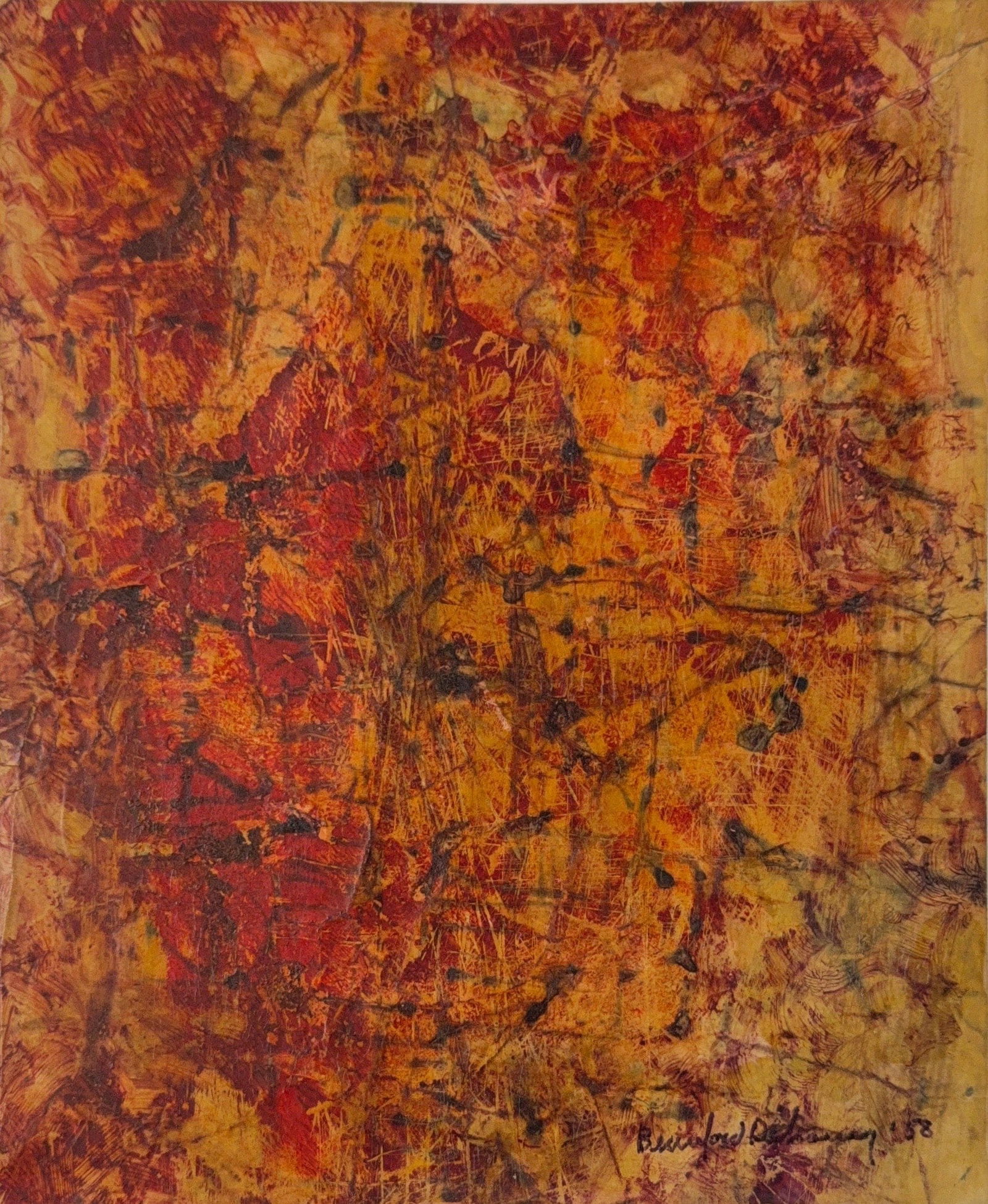 Beauford Delaney, Acrylic on Cardboard, African-American (1901 - 1979): KEYWORDS: Abstract painting, Abstract expressionism, Vibrant, Warm color palette, Orange, red, yellow, black, brown, Textured surface, Impasto, Layered composition, Scratch marks, Incised lines, Dynam