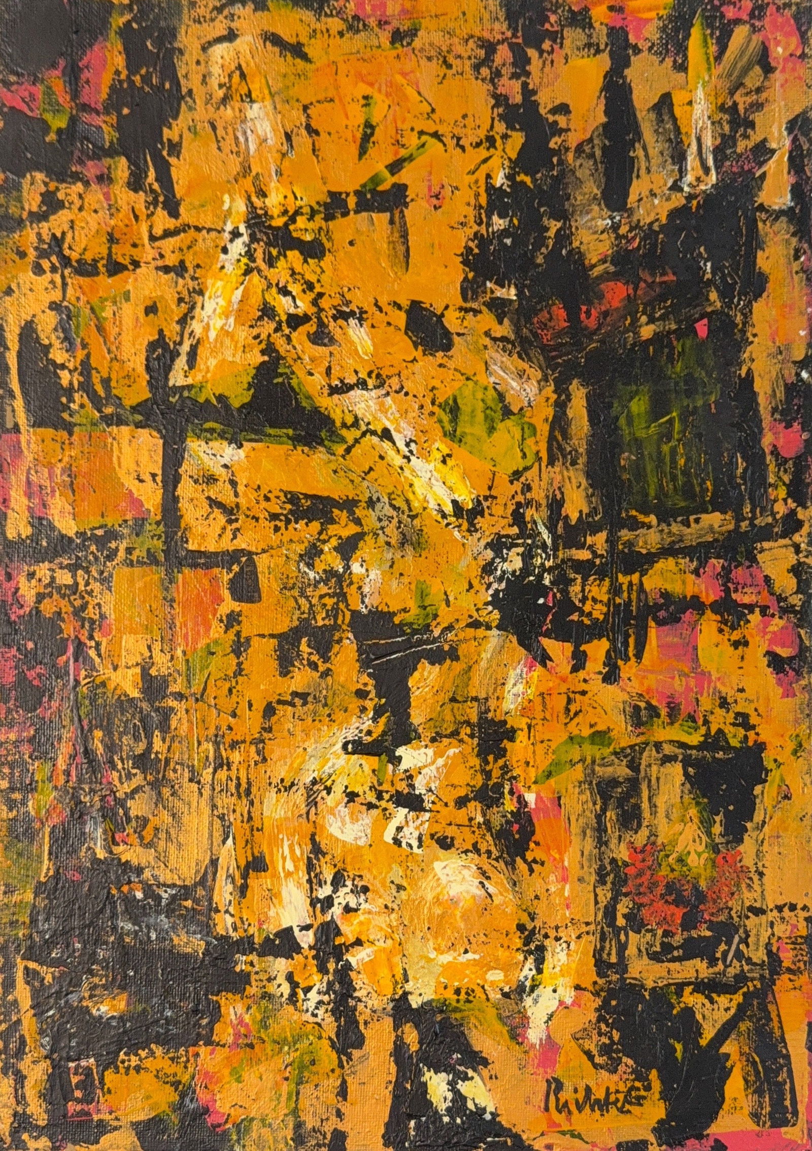 Gerhard Richter, Mix-Media on Canvas Board, German (1932 - On going): KEYWORDS: Abstract expressionism style, Impasto, Textured surface, Palette knife application, Dynamic, Chaotic composition, Vibrant, Warm color palette, Orange, Yellow, Black, Red accents, Contemporar