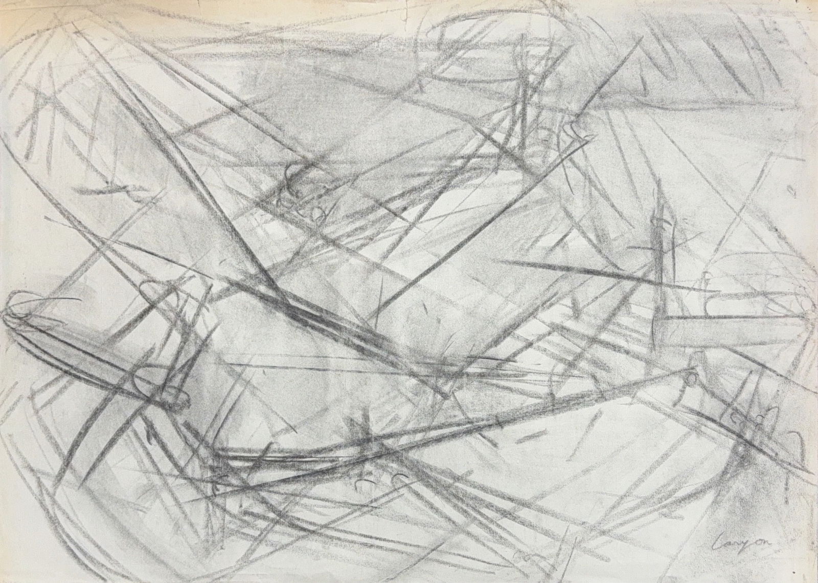 Peter Lanyon, Charcol on Paper, Cornish (1918 - 1964): KEYWORDS: Abstract, Charcoal, Sketch, Drawing, Intersecting lines, Dynamic, Movement, Gesture, Composition, Monochrome. Born: 1918 - St. Ives, Cornwall. Died: 1964 - Taunton, England. Known for: Abstr