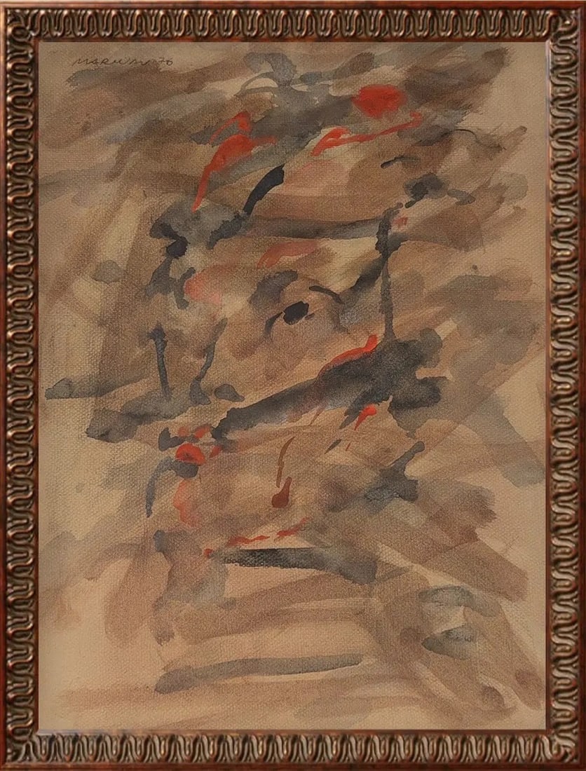 Marwan Kassab Bachi, Watercolor/ Mix-Media on Paper, German (1934 - 2016): KEYWORDS: Abstract art, Expressionism/Expressionist, Color Field painting (elements of), Organic shapes, Earthy tones (browns, grays), Red accents, Fluid style, Figurative abstraction (implied form/fa