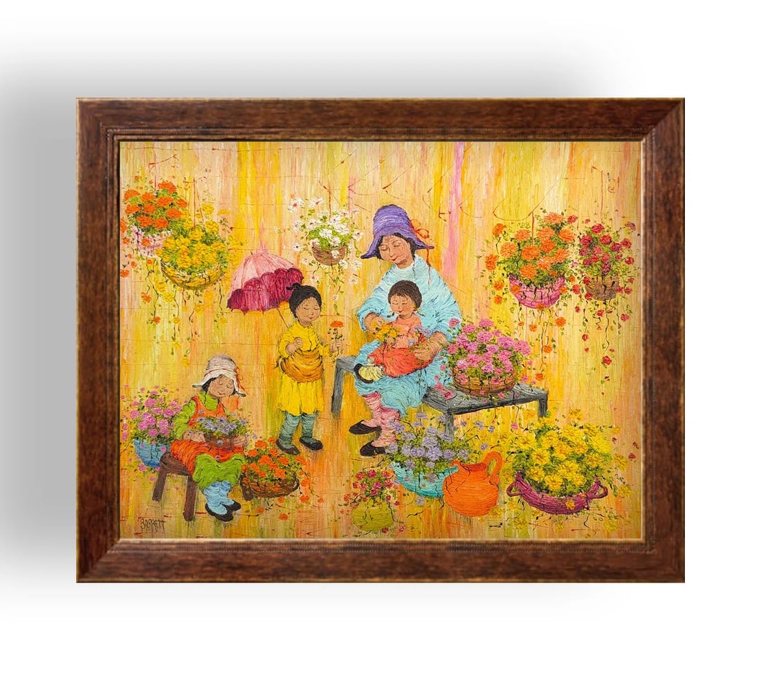 Mildred Barrett, Oil on Canvas, American (20th Century): KEYWORDS: Flower market, garden, Outdoor scene, Market stall, Mother/children, Family, Women, Girls. Artist: Mildred Barrett (American, 20th/21st Century)Style: Impressionist, known for her use of hea