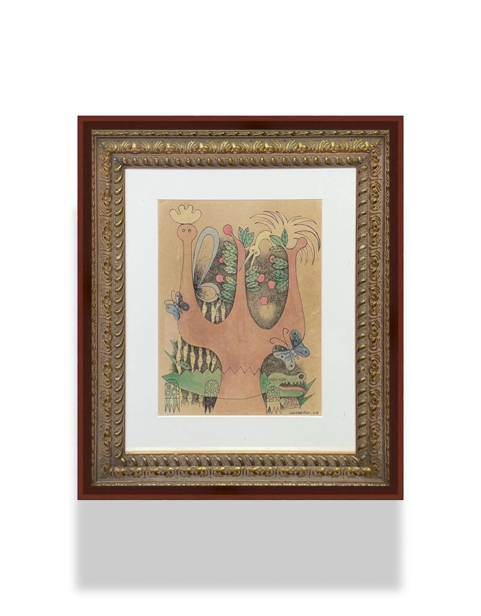 Mario Carreno, Mix-Media on Paper, Cuban Painter (1913 - 1999): KEYWORDS: Surrealism, Folk art, Imaginary creatures, Butterflies, Drawing, Framed, Art. A modernist figurative Latin-American painter and magazine illustrator, whose clients included House & Garden, I