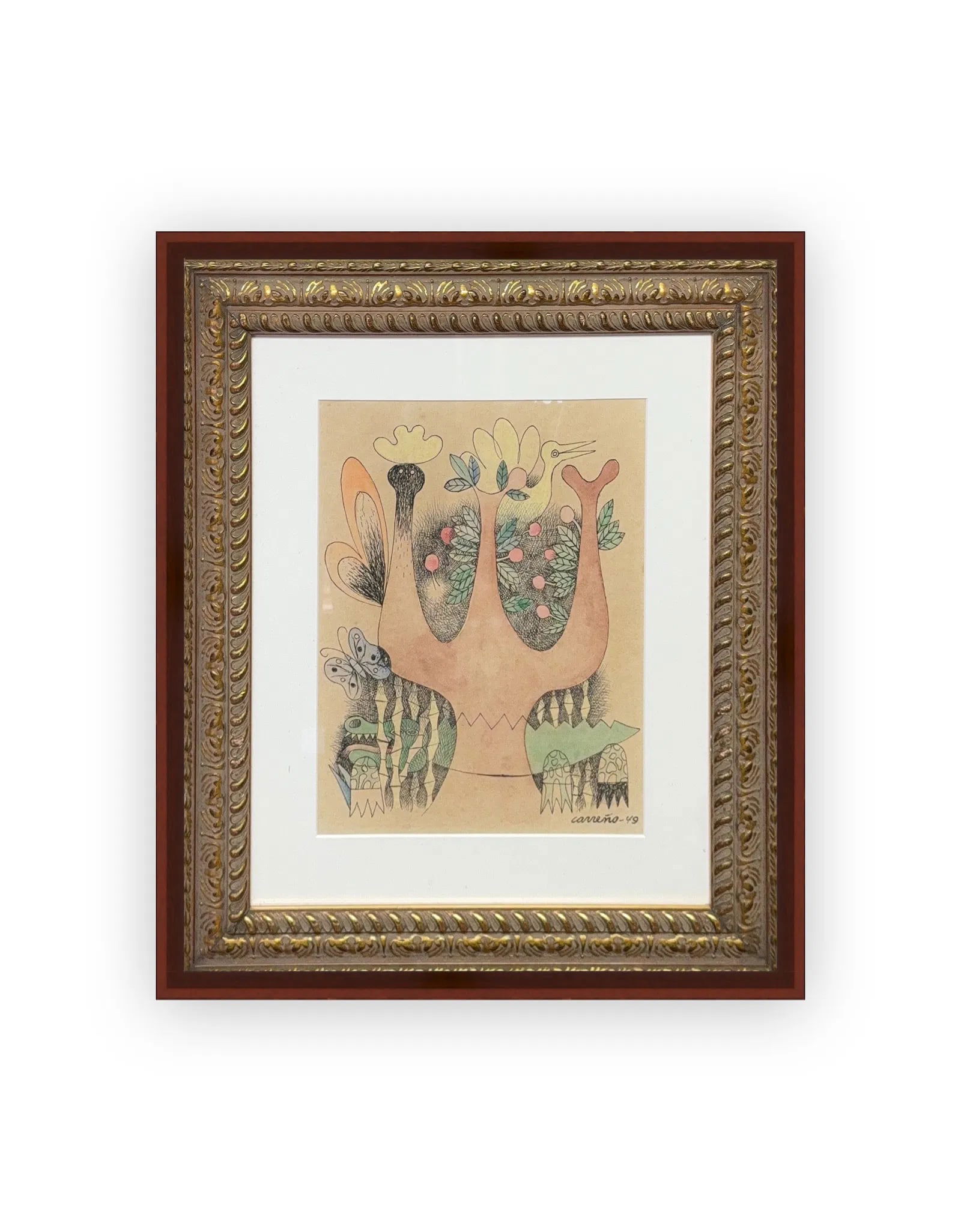 Mario Carreno, Mix-Media on Paper, Cuban Painter (1913 - 1999): KEYWORDS: Surrealism, Folk art, Imaginary creatures, Butterflies, Drawing, Art. A modernist figurative Latin-American painter and magazine illustrator, whose clients included House & Garden, Interiors