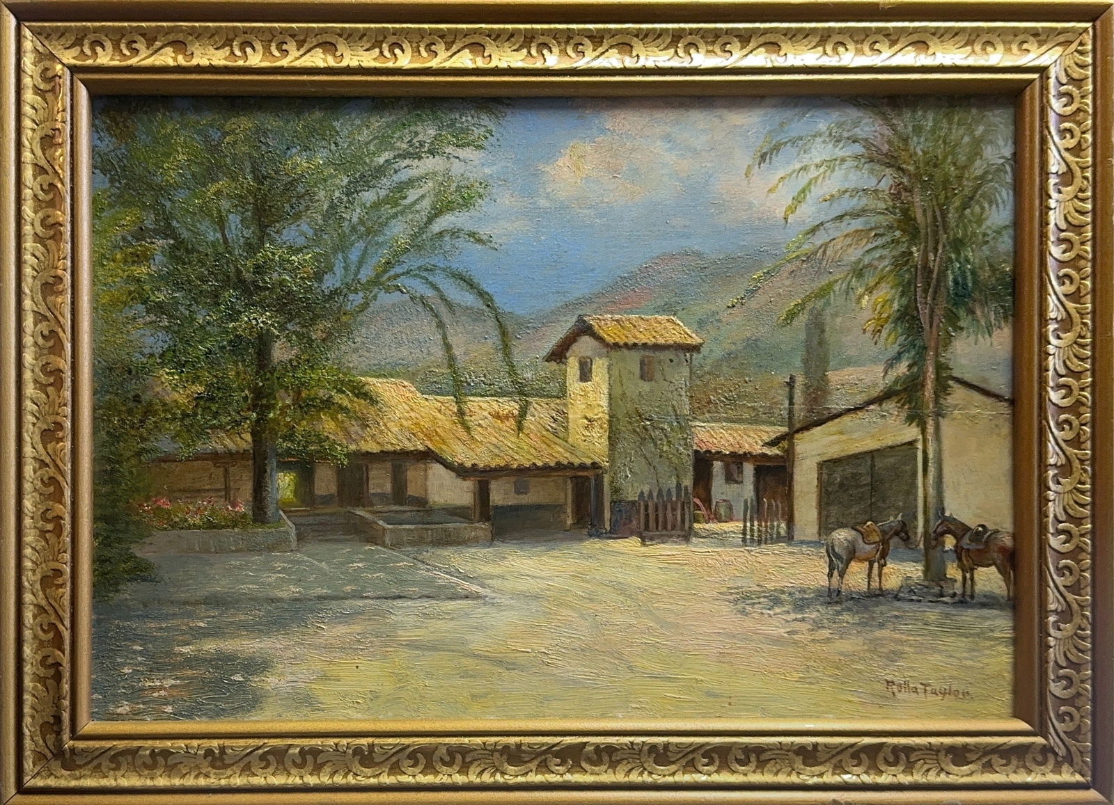 Rolla Sims Taylor, Oil on Wood Board, American (1872 - 1970): KEYWORDS: Ranch, Southwestern art, Mexican landscape, Palm trees, Horses, Courtyard scene, Adobe architecture. Born: 1872 - Galveston, Texas. Died: 1970. Known for: Town-landscape painting, etching. R
