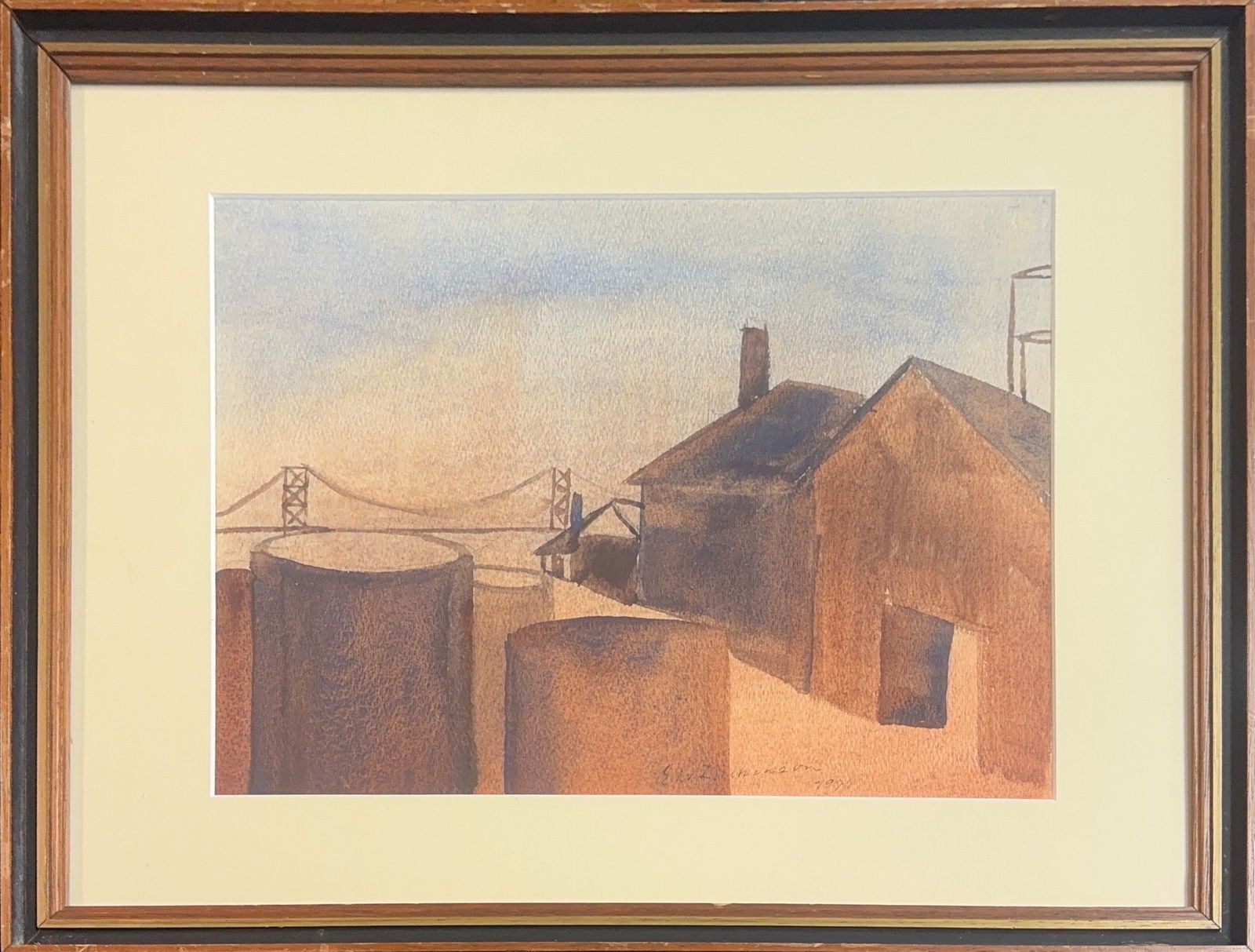 Edwin Walter Dickinson, Watercolor on Paper, American (1891 - 1978): KEYWORDS: Industrial landscape, Art, Buildings, Opaque, Bridge, Cilinder, Factory. Born: 1891 - Seneca Falls, New York. Died: 1978 - Wellfleet, Massachusetts. Known for: Modernist mystic views, portra