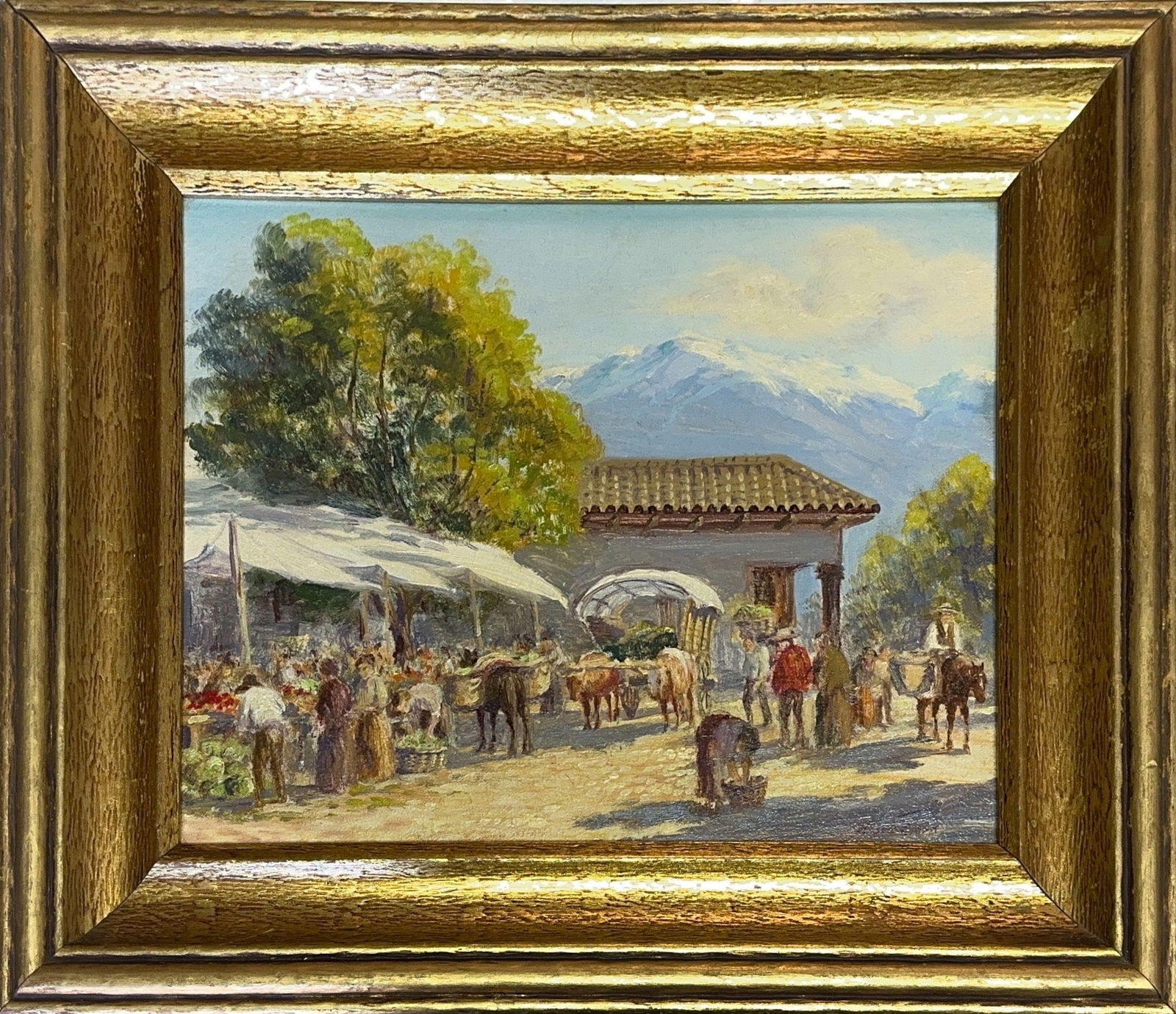 Alson Skinner Clark, Oil on Canvas, American (1876 - 1949): KEYWORDS: Marketplace, Village scene, Rural, Market stalls, People, Donkeys, Cattle, Produce, Architecture, Mountains, Artwork, Painting. Born: 1876 - Chicago, Illinois. Died: 1949 - Pasadena, Califor