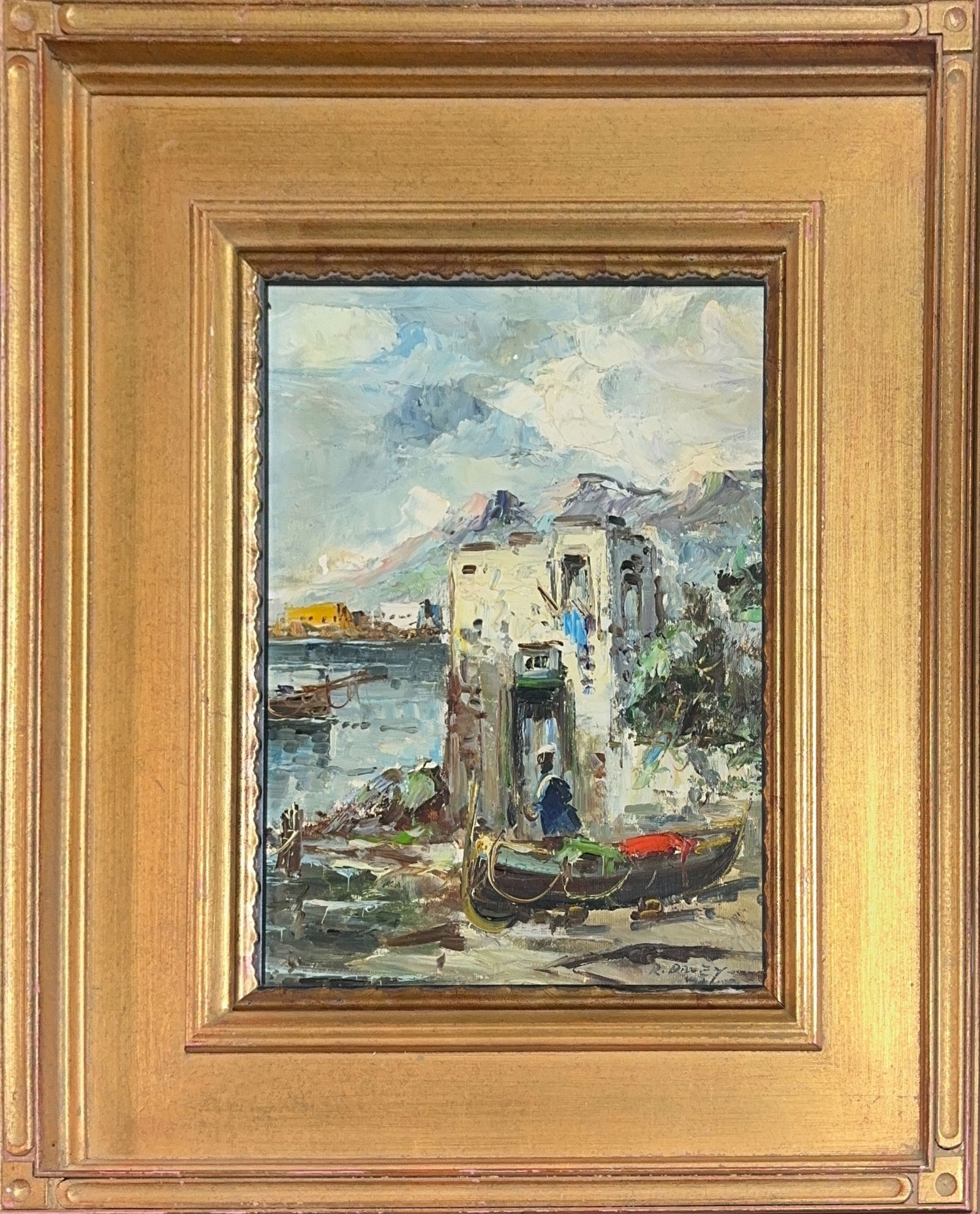 Randall Davey, Oil on Woodboard, American (1887 - 1964): KEYWORDS: Impasto/palette knife, Coastal town/harbor, Mediterranean, Italian village, Buildings/architecture, Water, Boats/gondolas, Mountains. Born: 1887 - East Orange, New Jersey. Died: 1964 - Baker