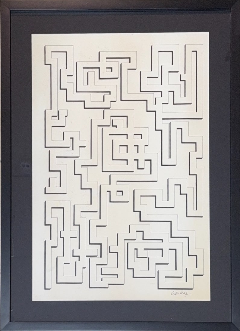 Victor Vasarely, Ink on Paper, Hungarian (1906 - 1997): KEYWORDS: Drawing, Illustration, Maze, Labyrinth, Puzzle, Geometric, Abstract, Rectilinear, Monochrome, High contrast, Shadow effect, 3D illusion, Pen and inkArtwork. Born: 1906 - Pecs, Hungary. Died: