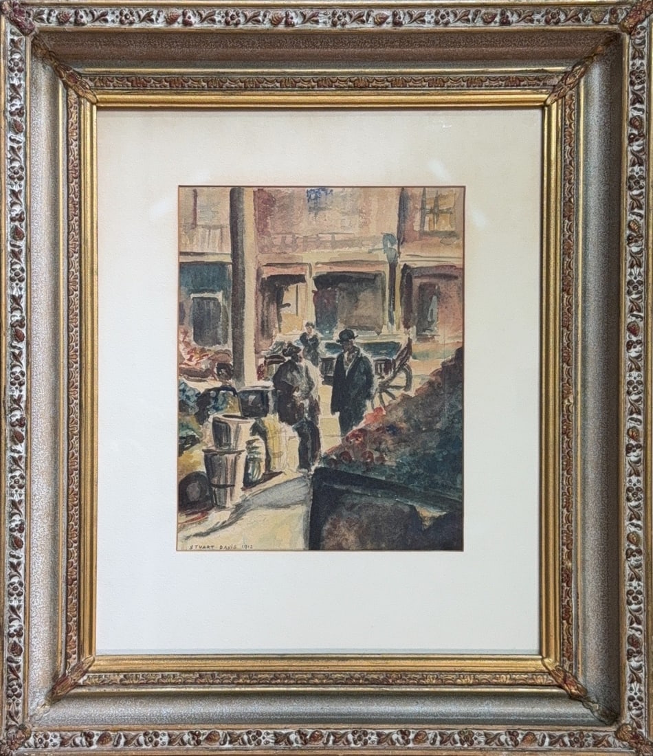 Stuart Davis, Watercolor on Paper, American (1892 - 1964): KEYWORDS: Urban scene, Cityscape, Street market, Figures/people, Pedestrians, Baskets/containers, Buildings/architecture, American Modernism, Ashcan School style. Born: 1892 - Philadelphia, Pennsylvan