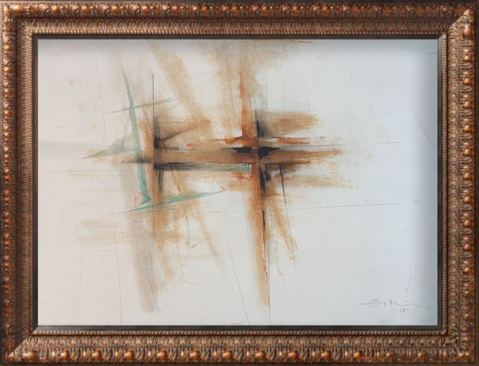 Fernando Zobel, Watercolor on Paper, Filipino (1924 - 1984): KEYWORDS: Abstract art, Dynamic composition, Geometric lines, Architectural, Structural feel, Brown, orange, Black, and Turquoise hues, Artwork, Mexican Artist. Born: 1924 - Manilla, Philippines. Died